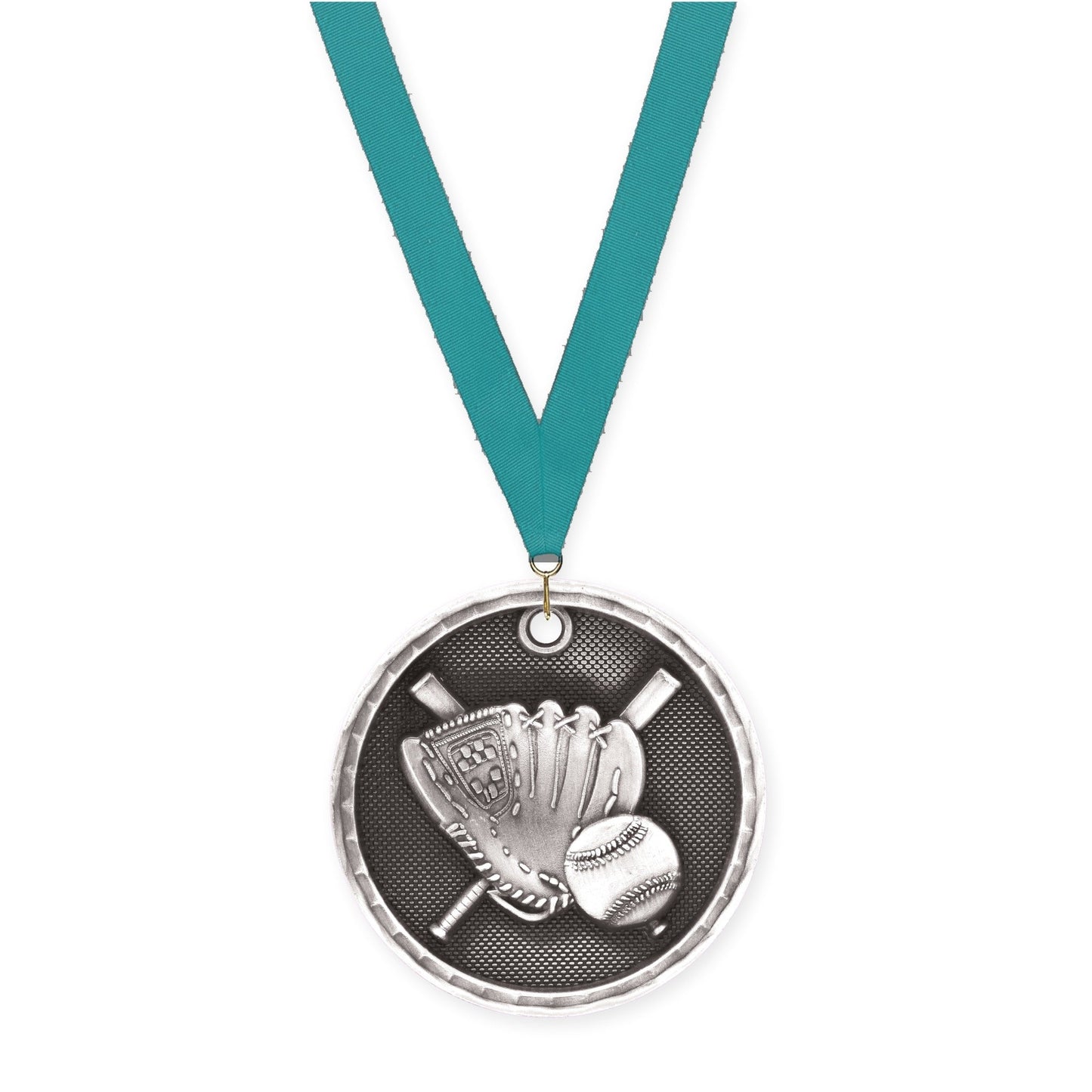 2 inch baseball 3-D medal in antique silver with Teal neck ribbon