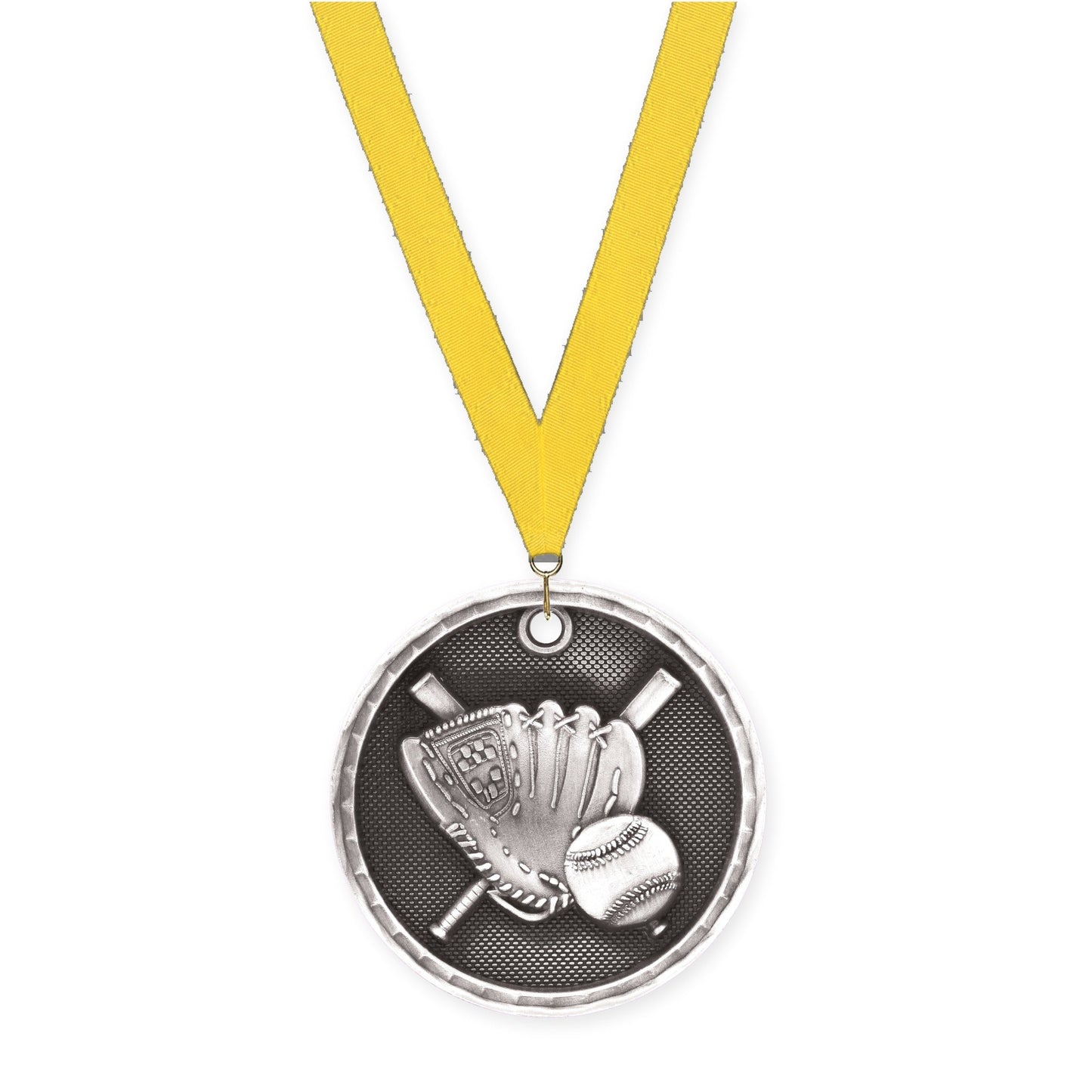 2 inch baseball 3-D medal in antique silver with Yellow neck ribbon