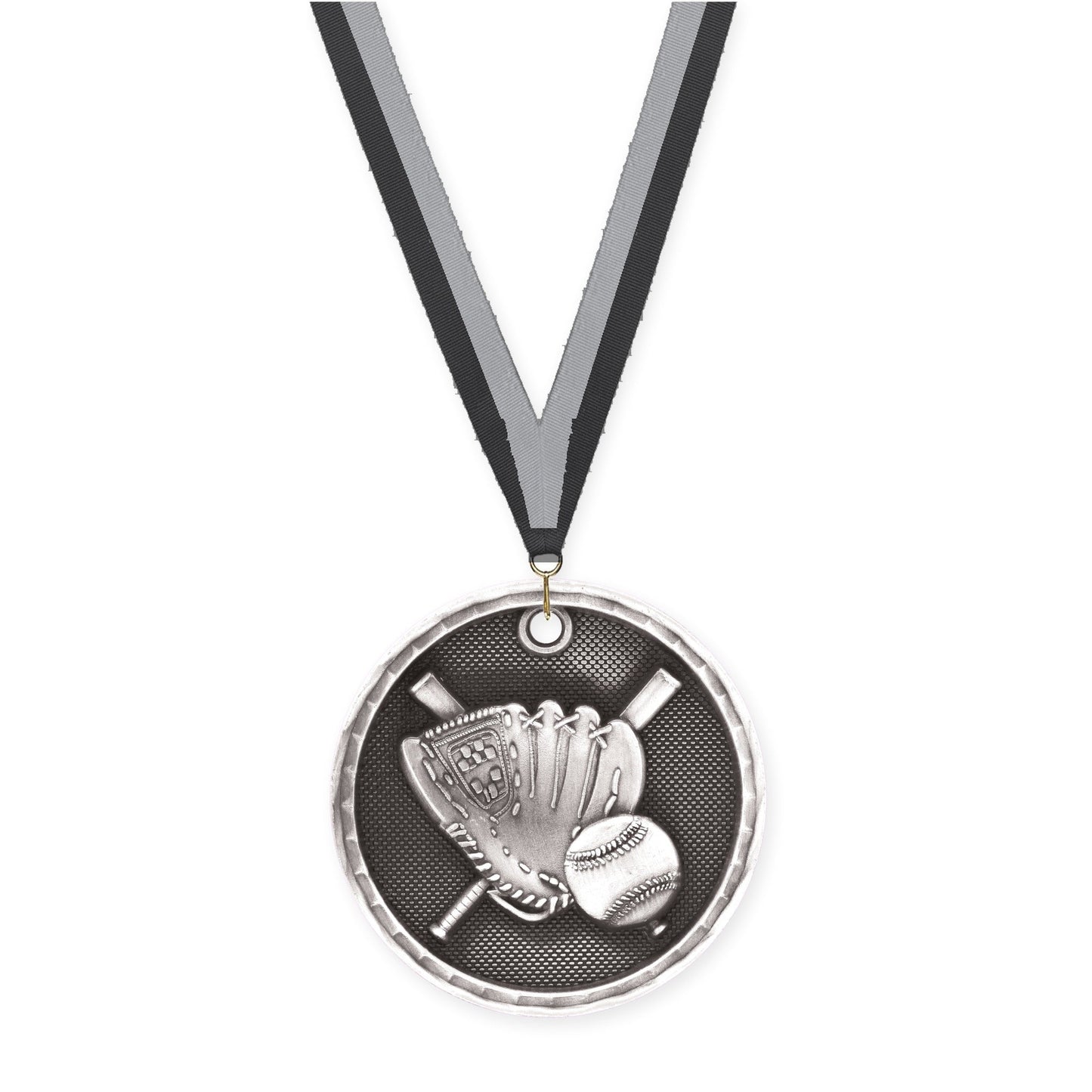 2 inch baseball 3-D medal in antique silver with Black Gray neck ribbon