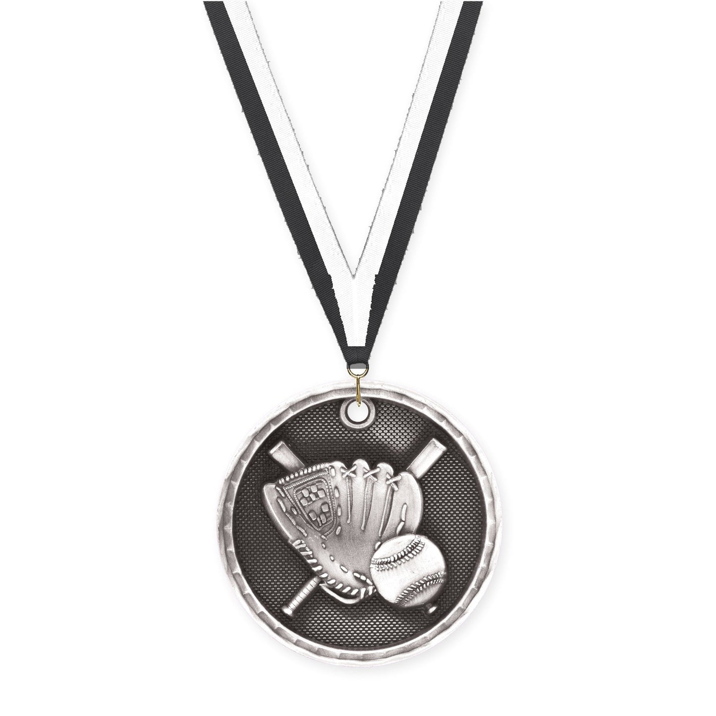 2 inch baseball 3-D medal in antique silver with Black White neck ribbon