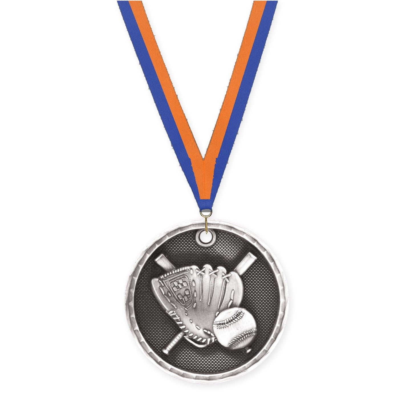 2 inch baseball 3-D medal in antique silver with Blue Orange neck ribbon