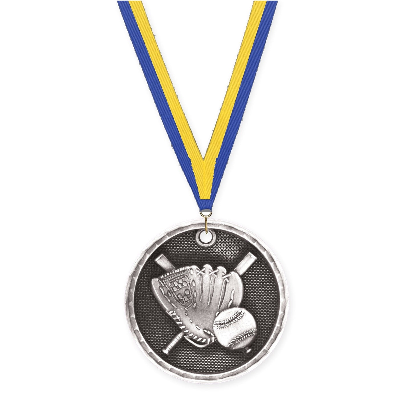 2 inch baseball 3-D medal in antique silver with Blue Yellow neck ribbon