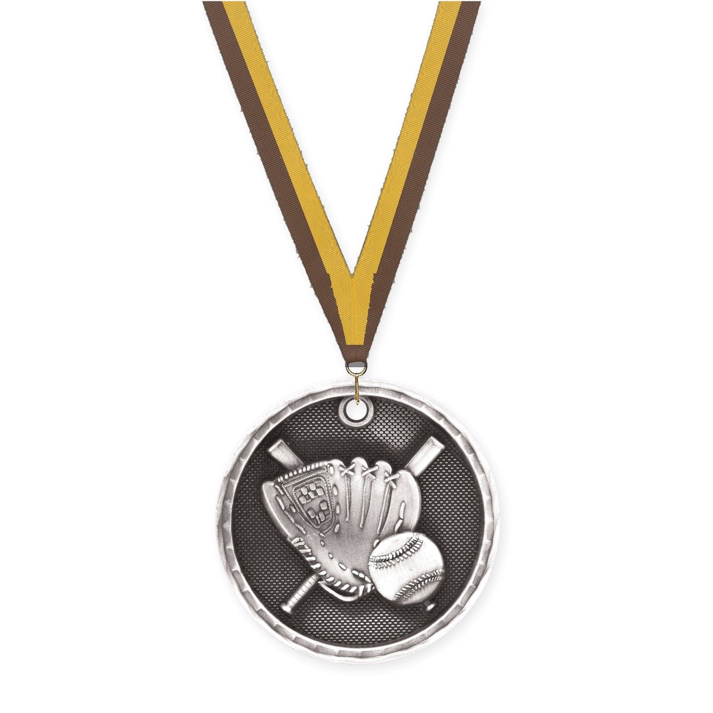 2 inch baseball 3-D medal in antique silver with Brown Gold neck ribbon
