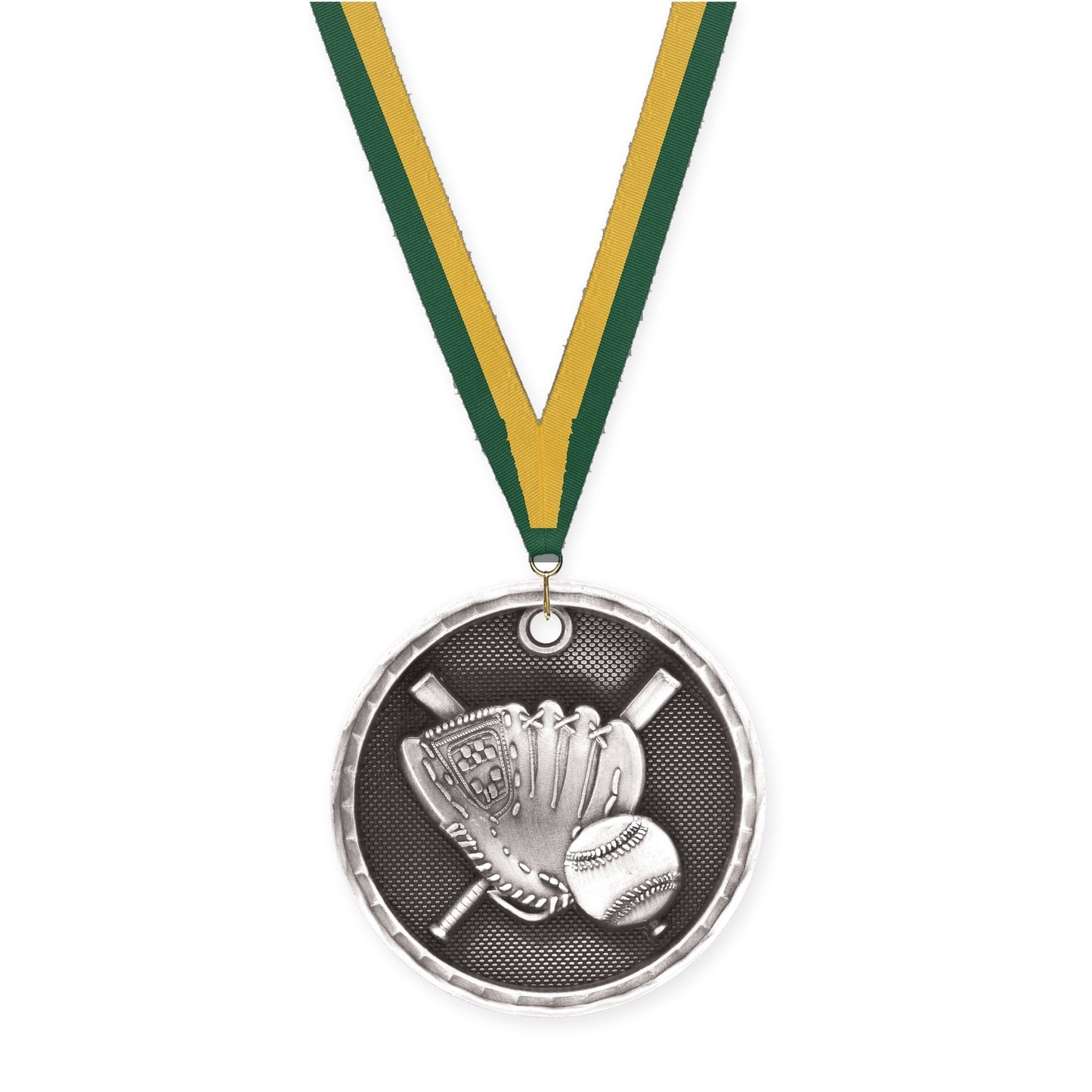 2 inch baseball 3-D medal in antique silver with Hunter Green Gold neck ribbon