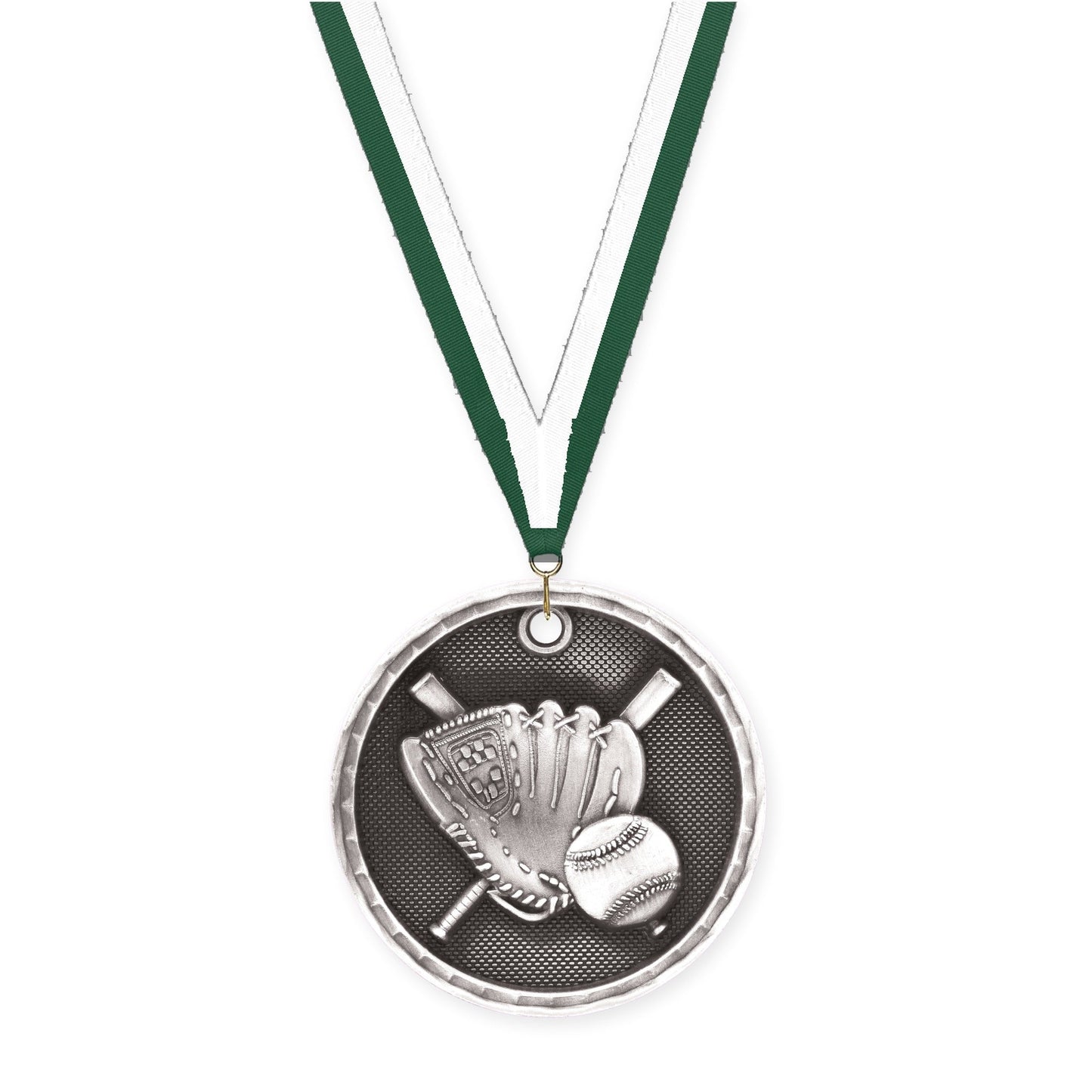 2 inch baseball 3-D medal in antique silver with Hunter Green White neck ribbon