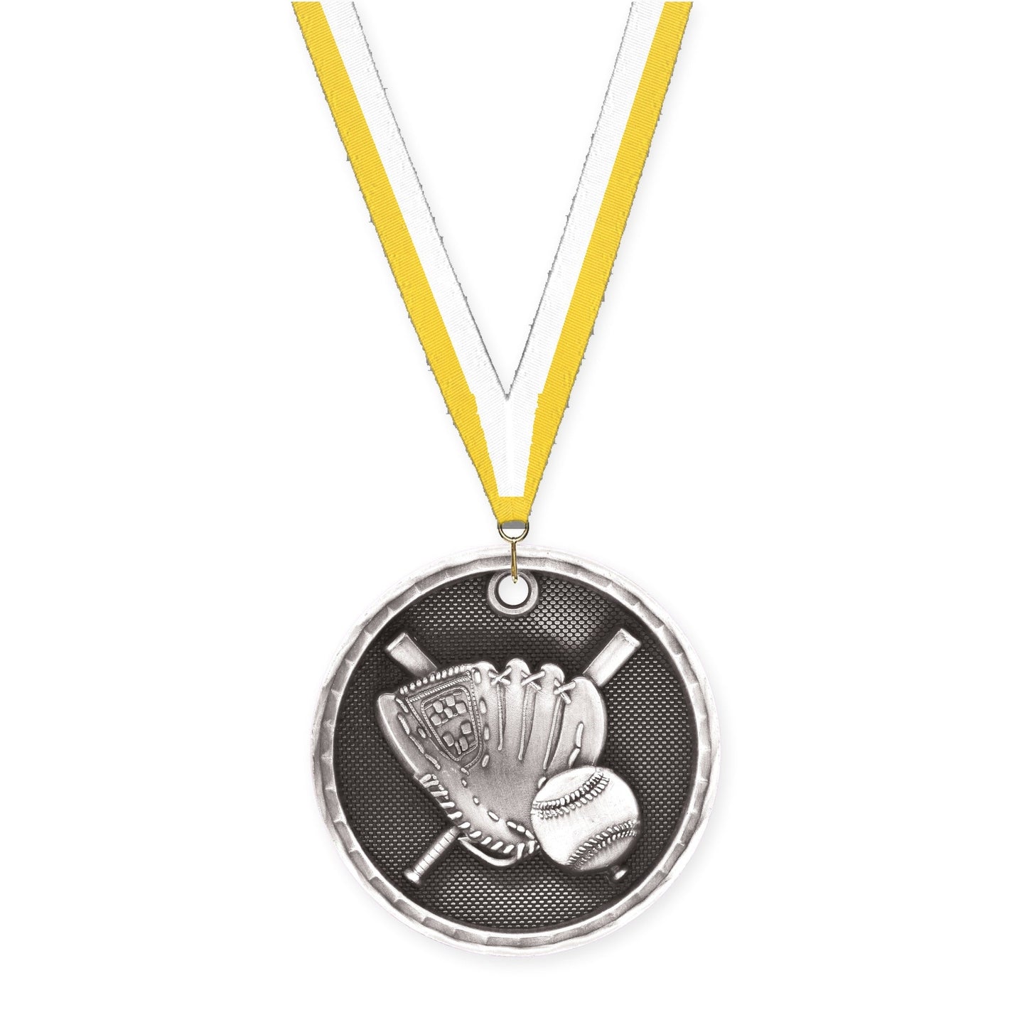 2 inch baseball 3-D medal in antique silver with Yellow White neck ribbon