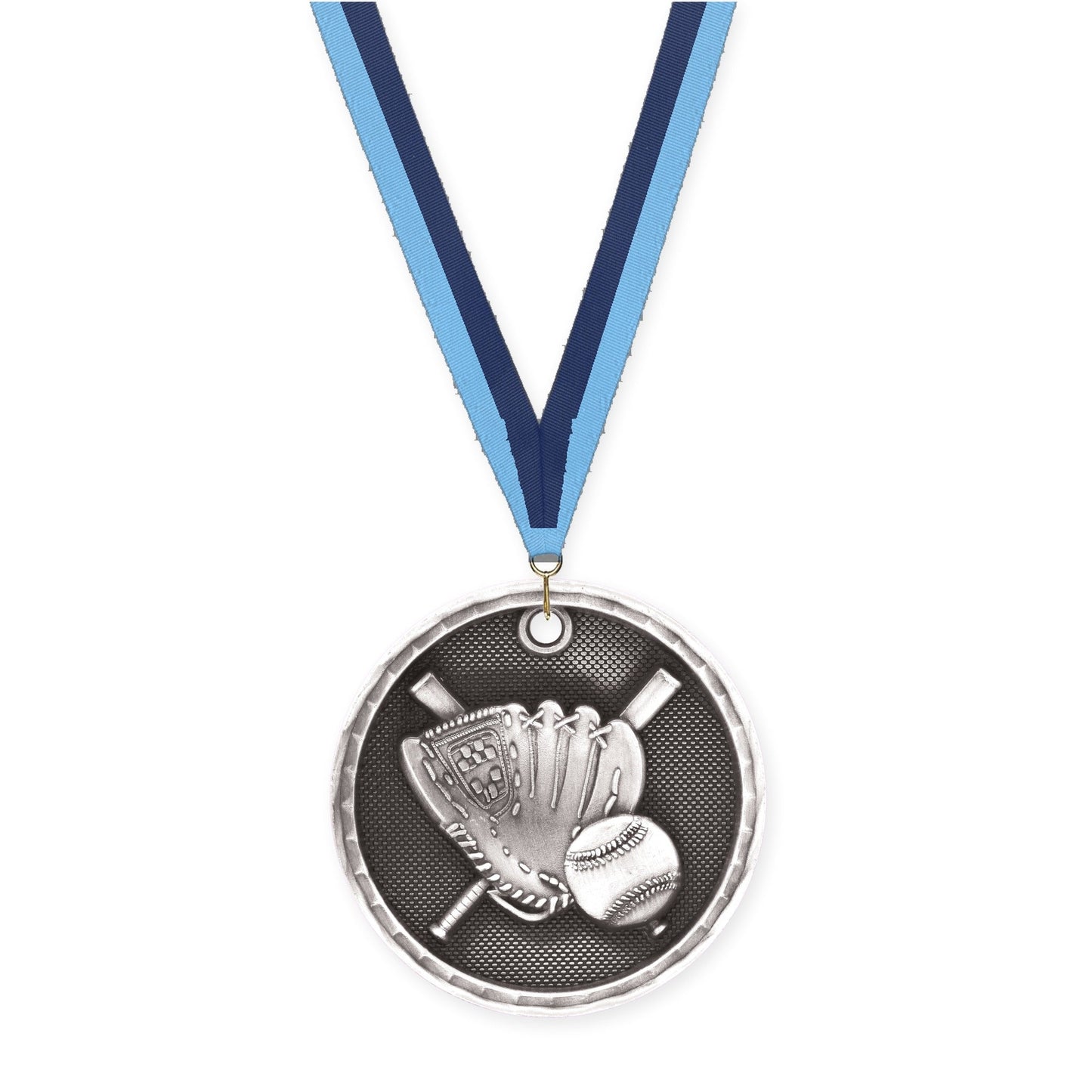 2 inch baseball 3-D medal in antique silver with Light Blue Navy neck ribbon