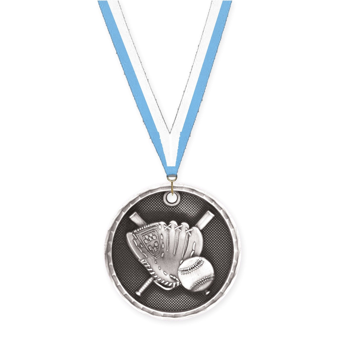 2 inch baseball 3-D medal in antique silver with Light Blue White neck ribbon