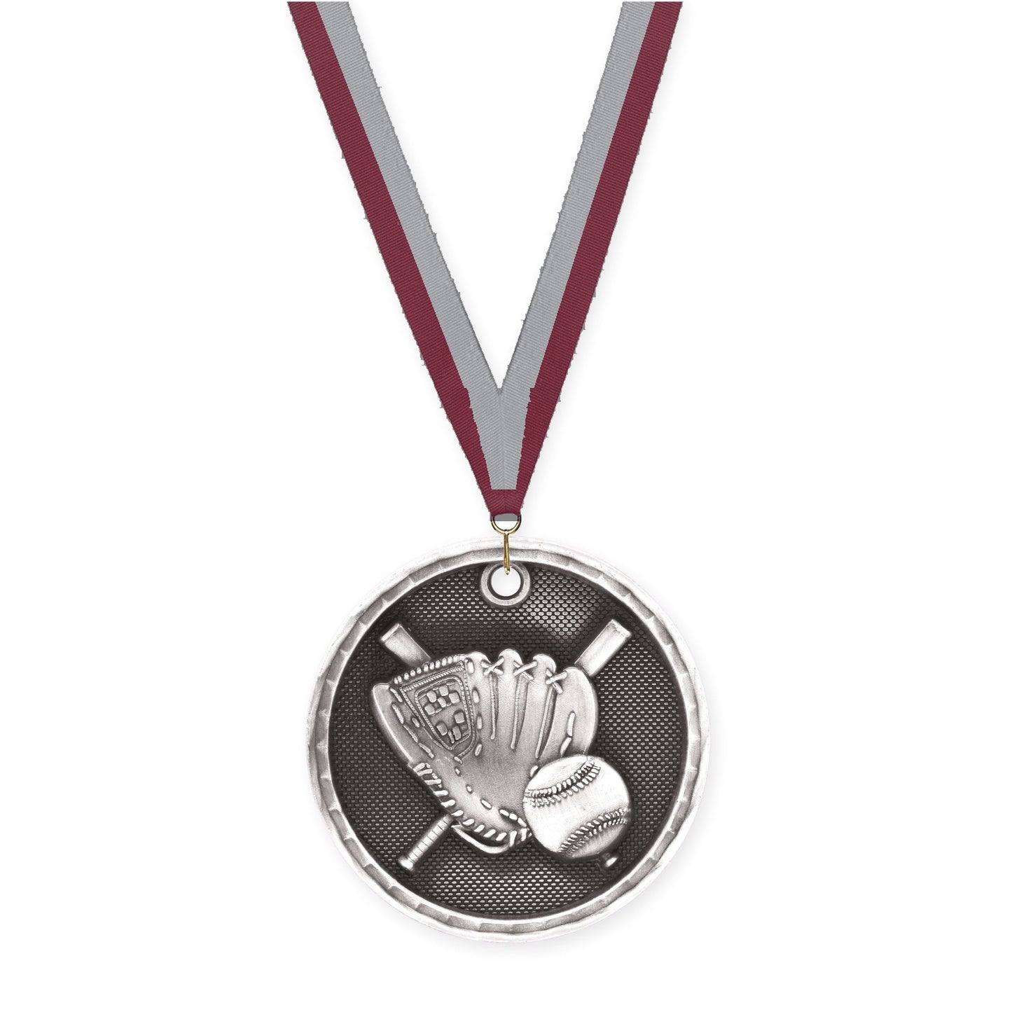 2 inch baseball 3-D medal in antique silver with Maroon Gray neck ribbon