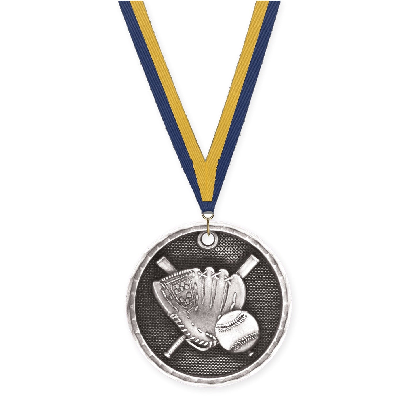 2 inch baseball 3-D medal in antique silver with Navy Gold neck ribbon