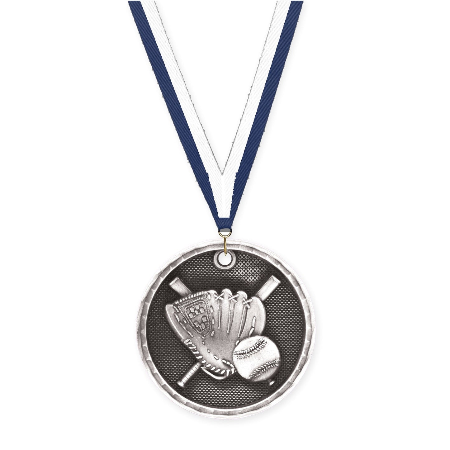 2 inch baseball 3-D medal in antique silver with Navy White neck ribbon