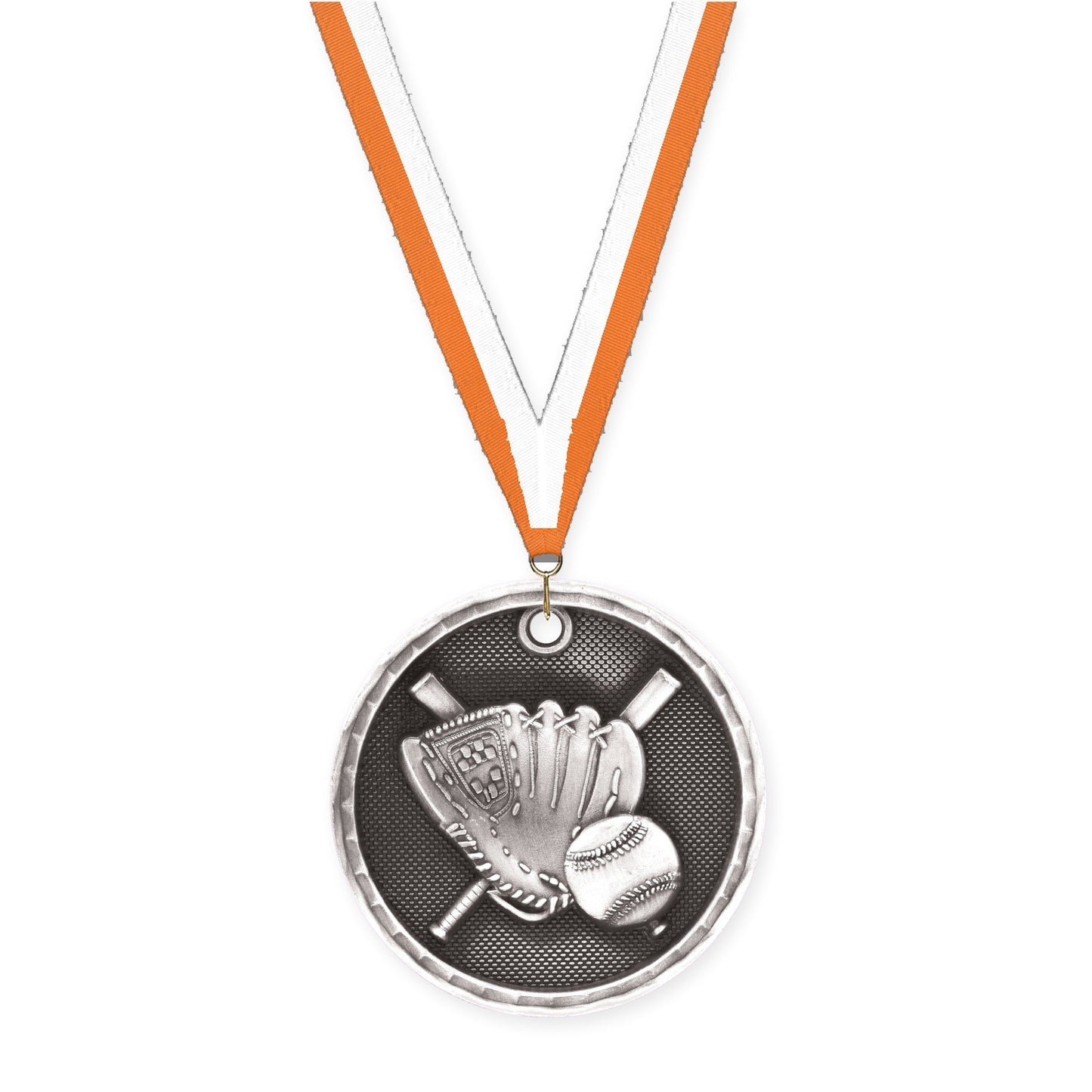 2 inch baseball 3-D medal in antique silver with Orange White neck ribbon