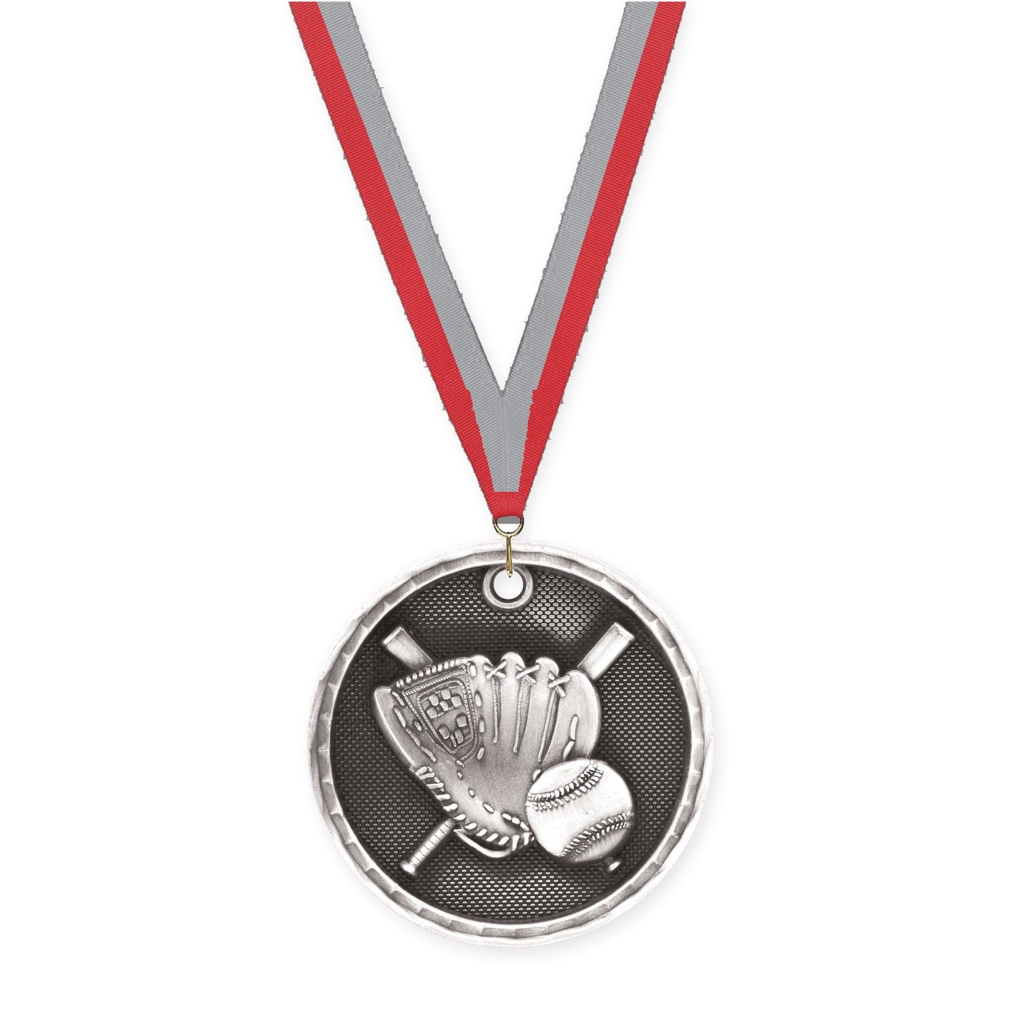 2 inch baseball 3-D medal in antique silver with Red Gray neck ribbon