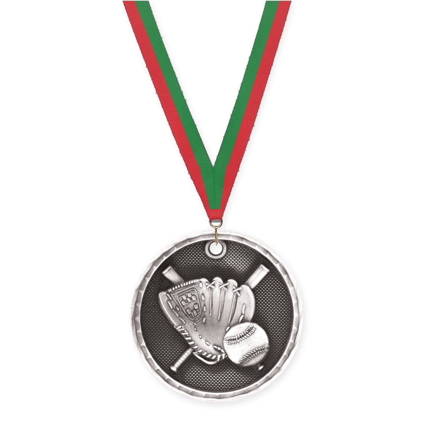 2 inch baseball 3-D medal in antique silver with Red Green neck ribbon