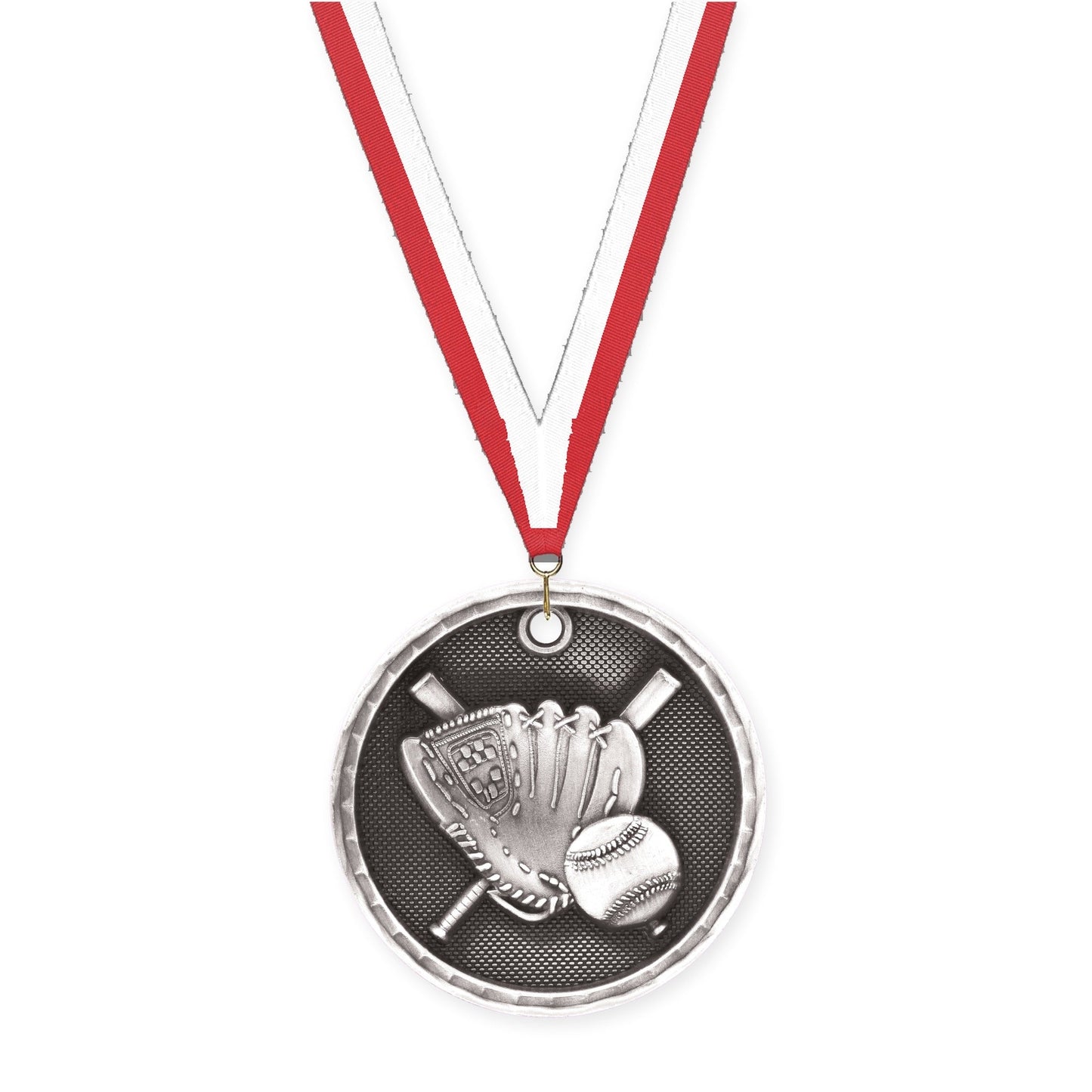 2 inch baseball 3-D medal in antique silver with Red White neck ribbon