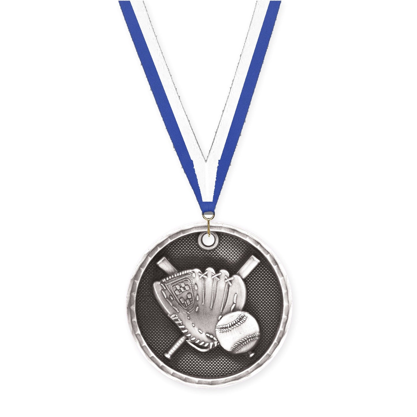 2 inch baseball 3-D medal in antique silver with Blue White neck ribbon