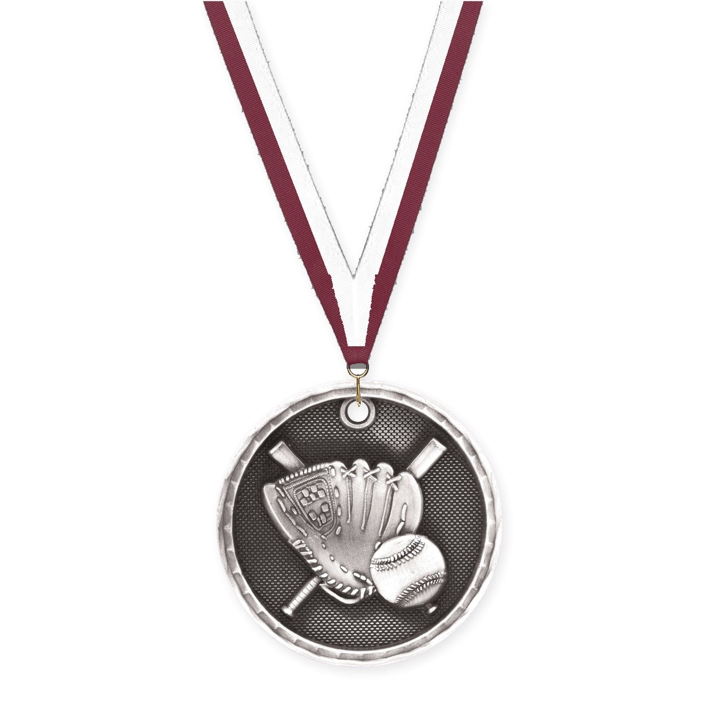 2 inch baseball 3-D medal in antique silver with Maroon White neck ribbon