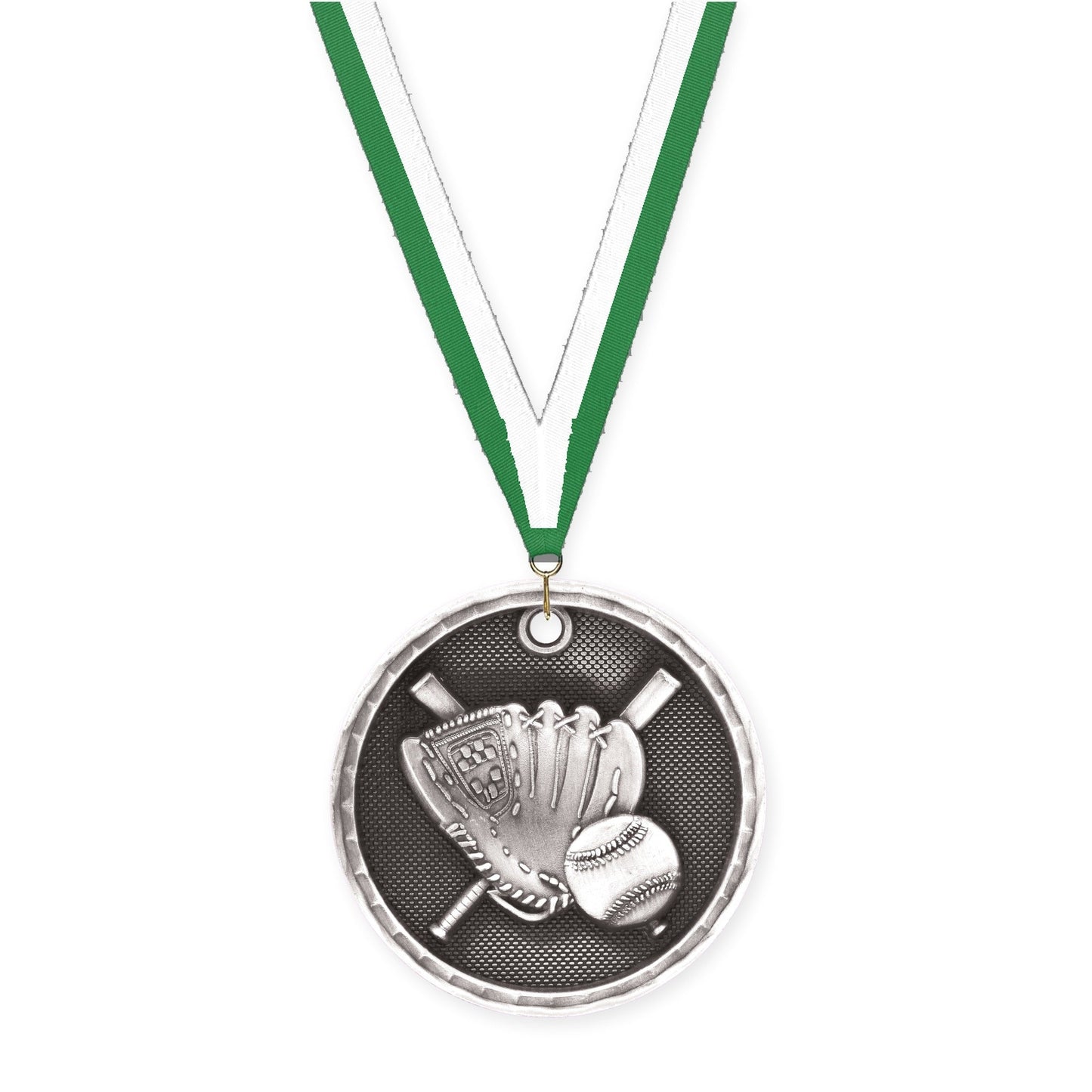 2 inch baseball 3-D medal in antique silver with Green White neck ribbon