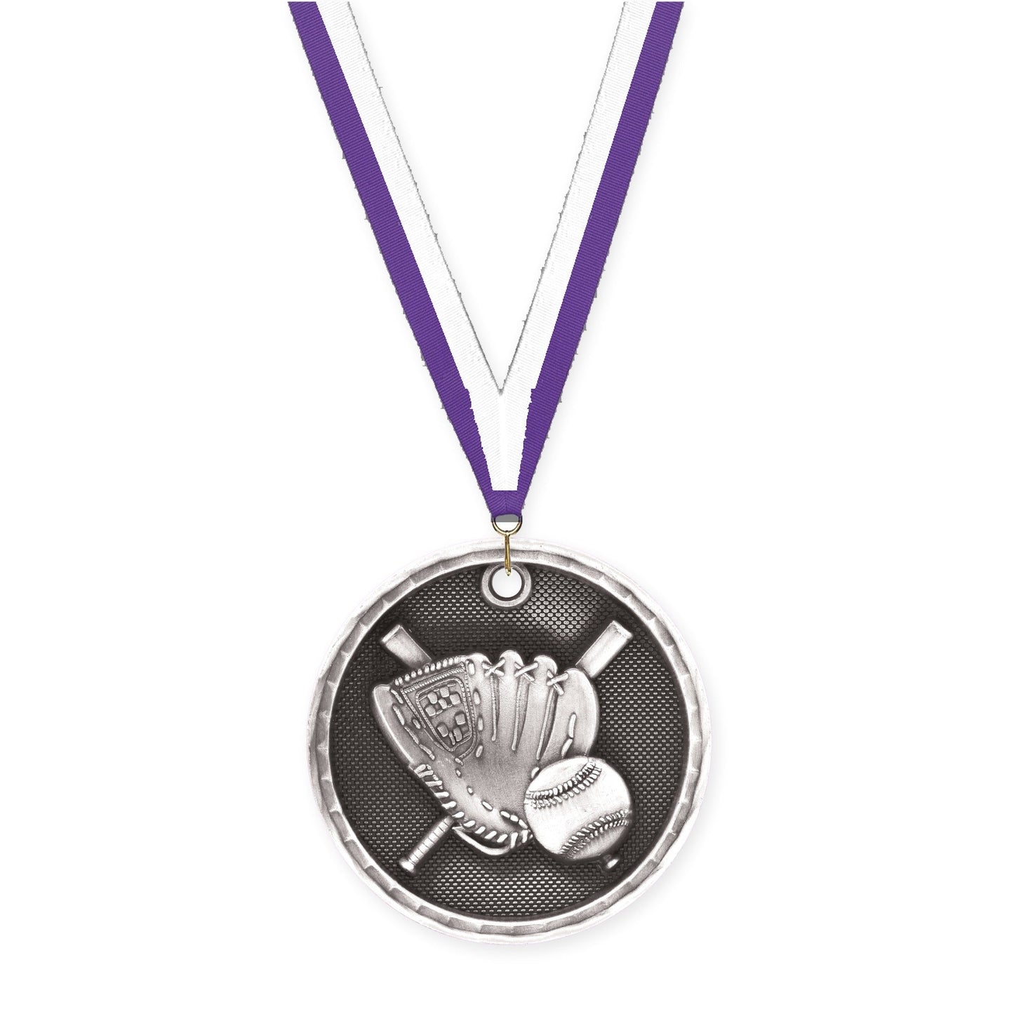 2 inch baseball 3-D medal in antique silver with Purple White neck ribbon