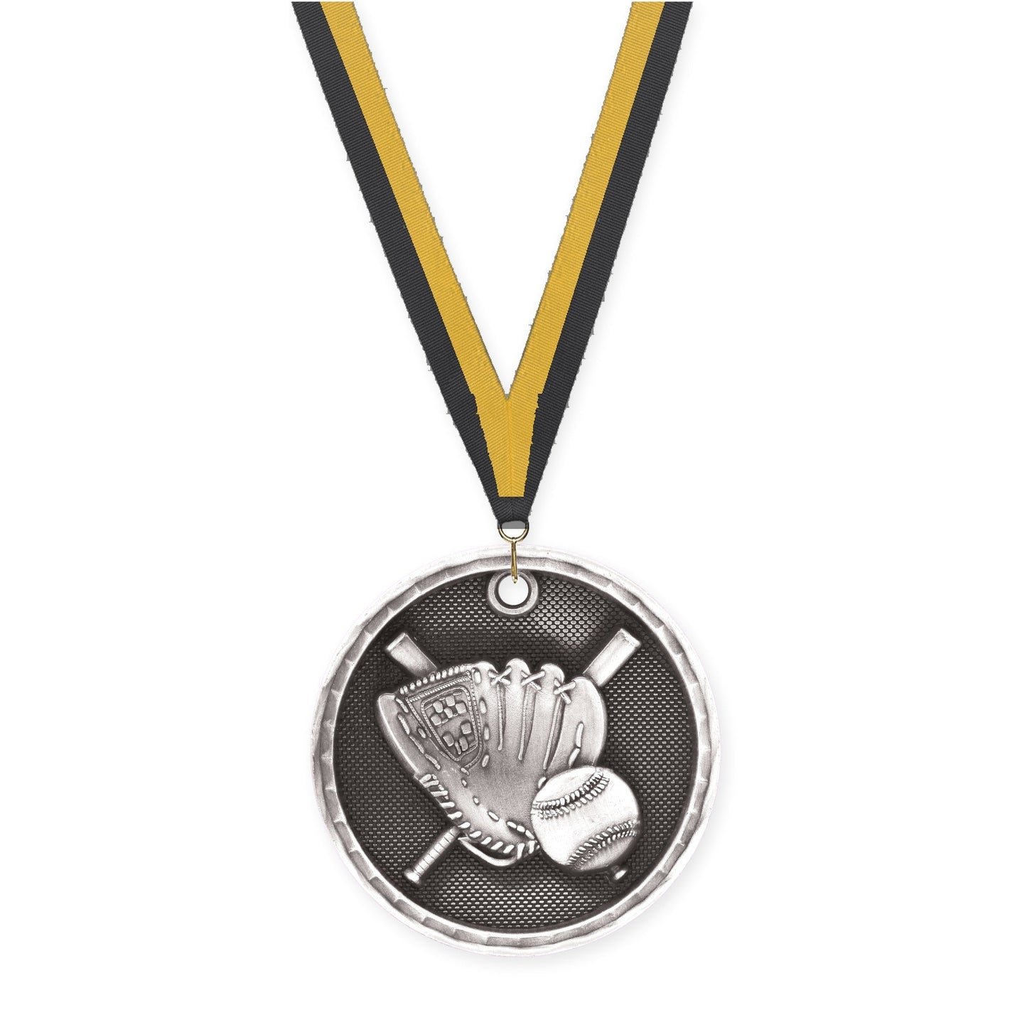 2 inch baseball 3-D medal in antique silver with Black Gold neck ribbon