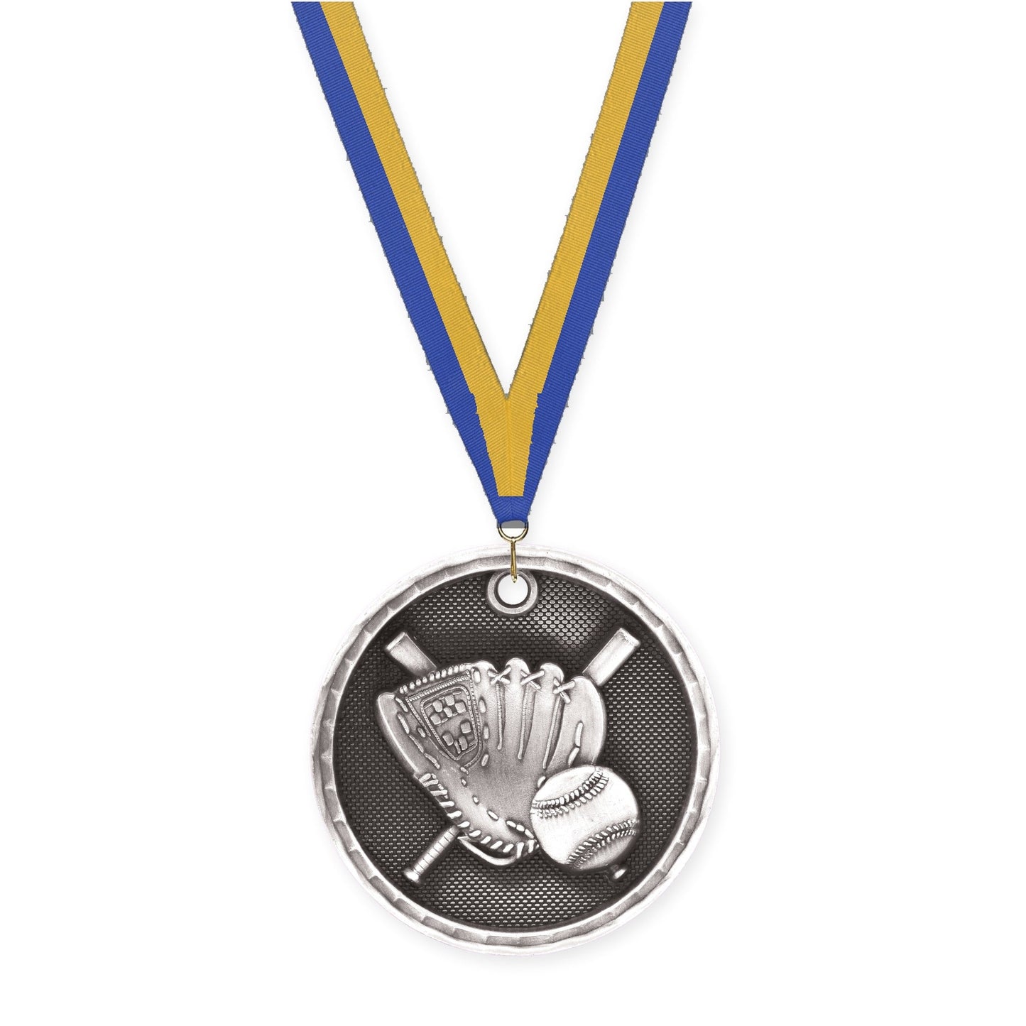 2 inch baseball 3-D medal in antique silver with Blue Gold neck ribbon
