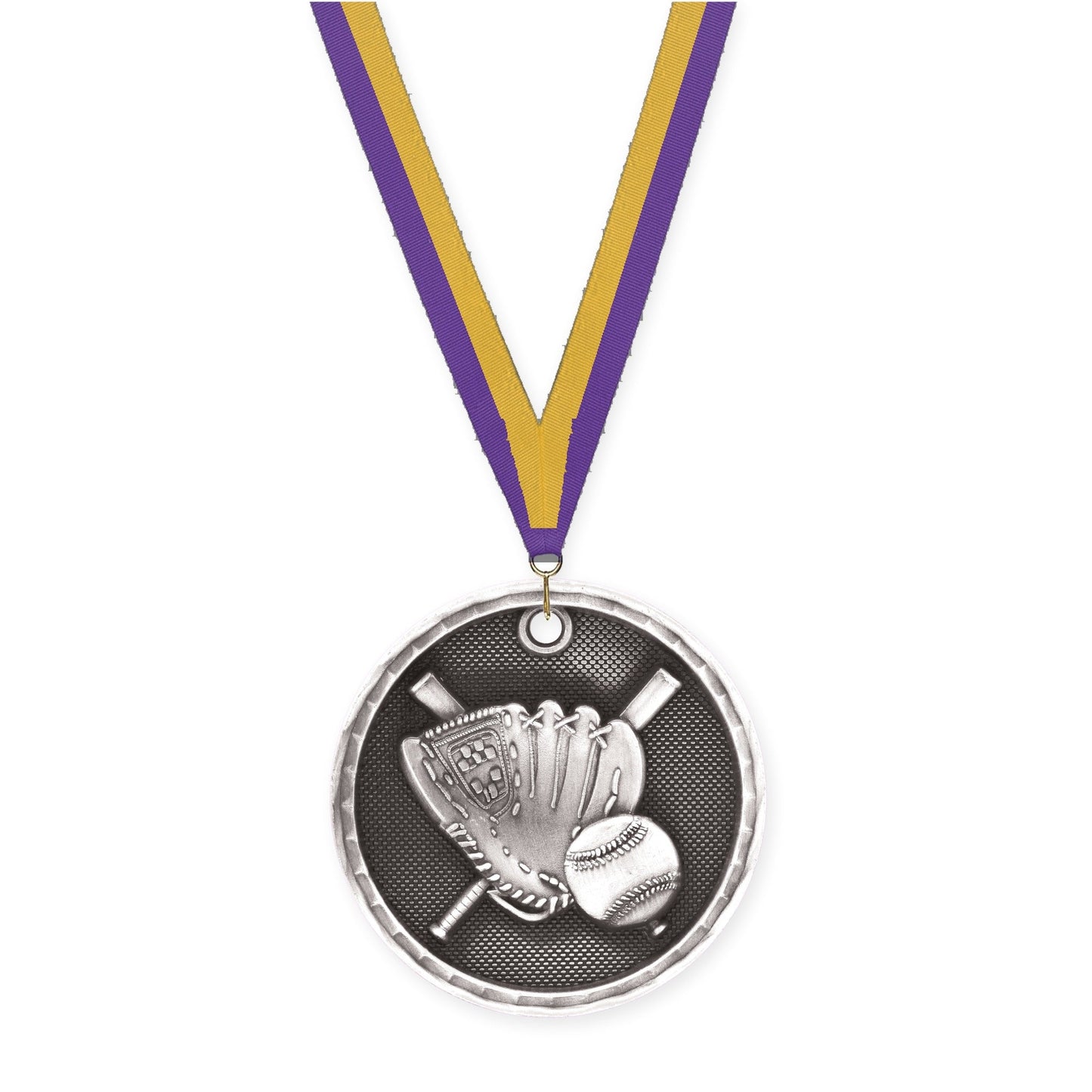 2 inch baseball 3-D medal in antique silver with Purple Gold neck ribbon