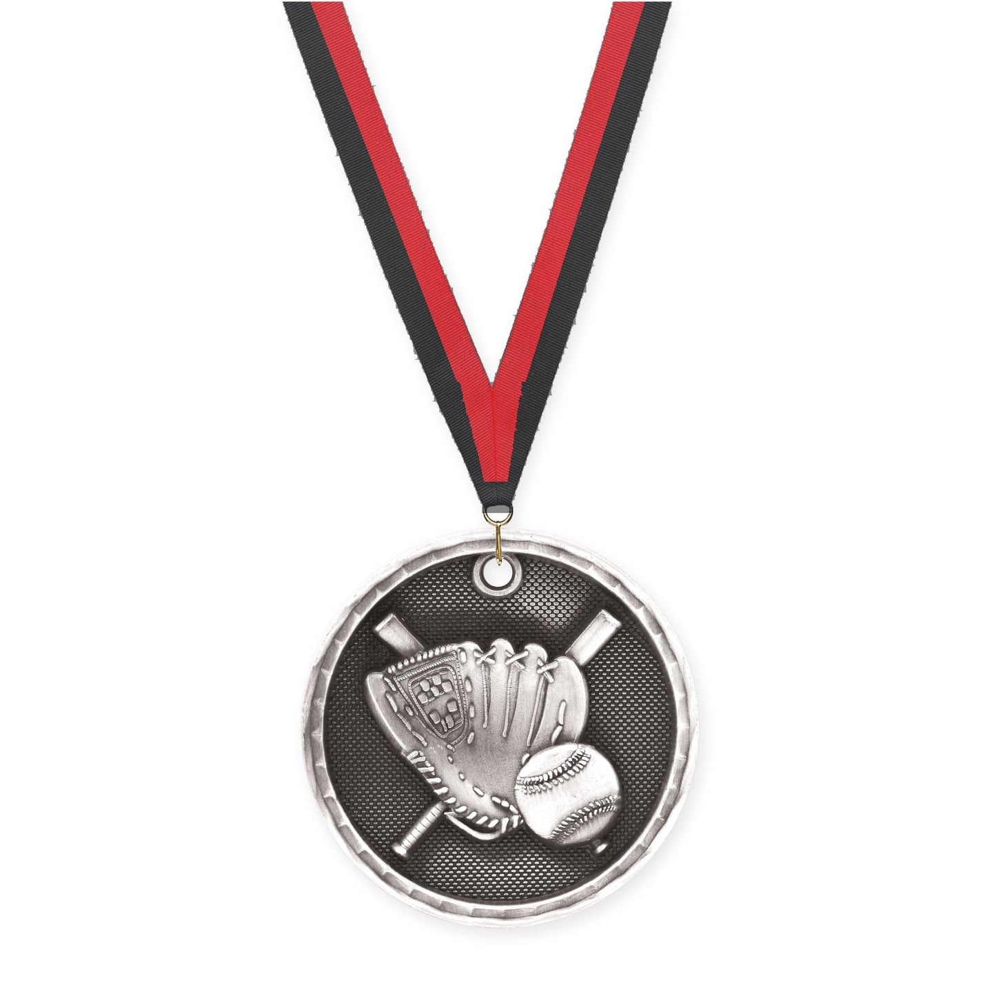 2 inch baseball 3-D medal in antique silver with Black Red neck ribbon