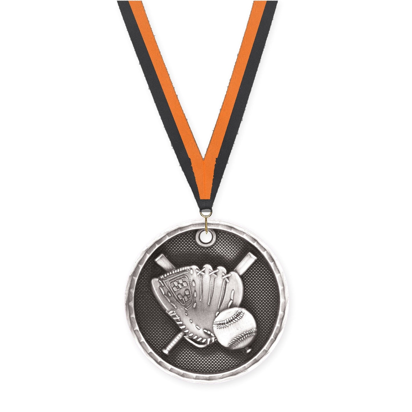 2 inch baseball 3-D medal in antique silver with Black Orange neck ribbon