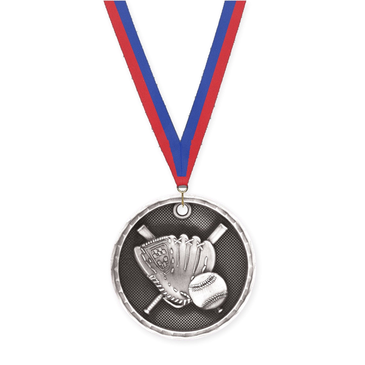 2 inch baseball 3-D medal in antique silver with Blue Red neck ribbon