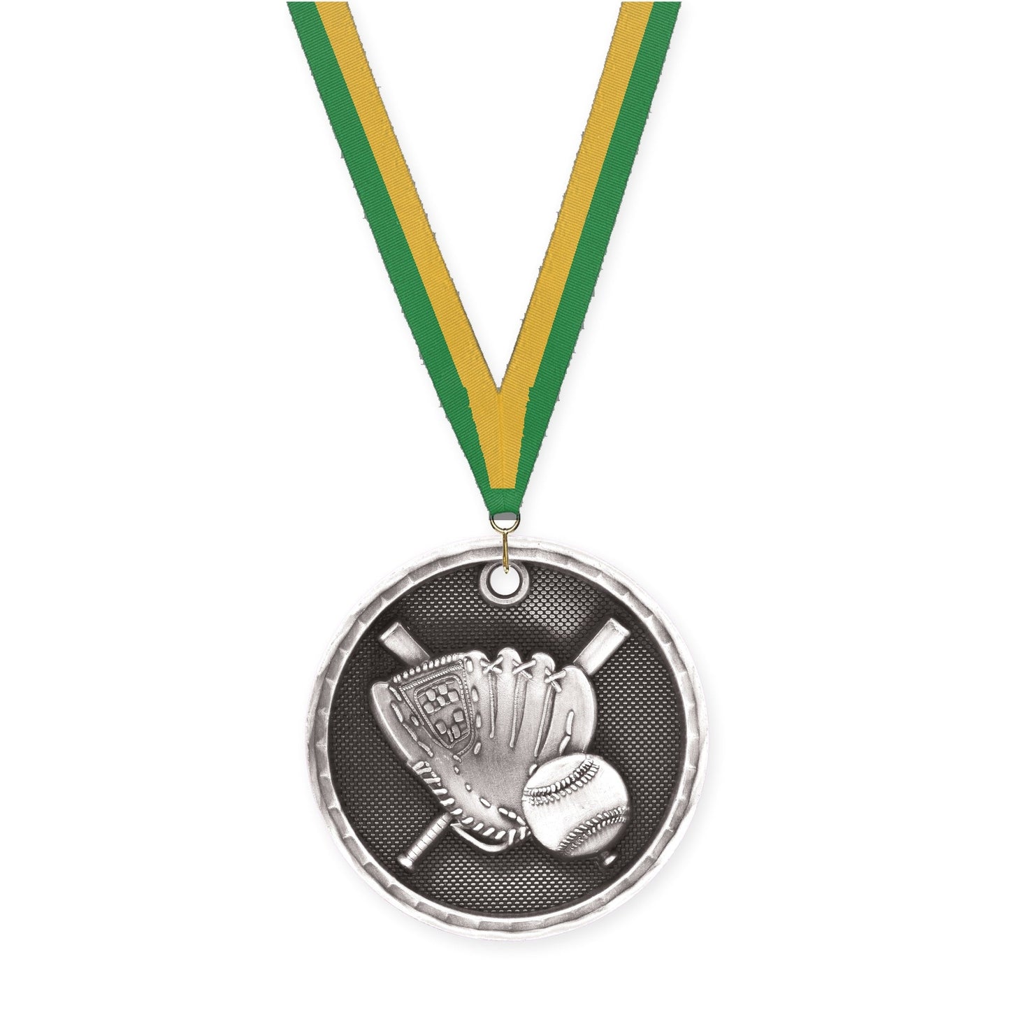 2 inch baseball 3-D medal in antique silver with Green Gold neck ribbon