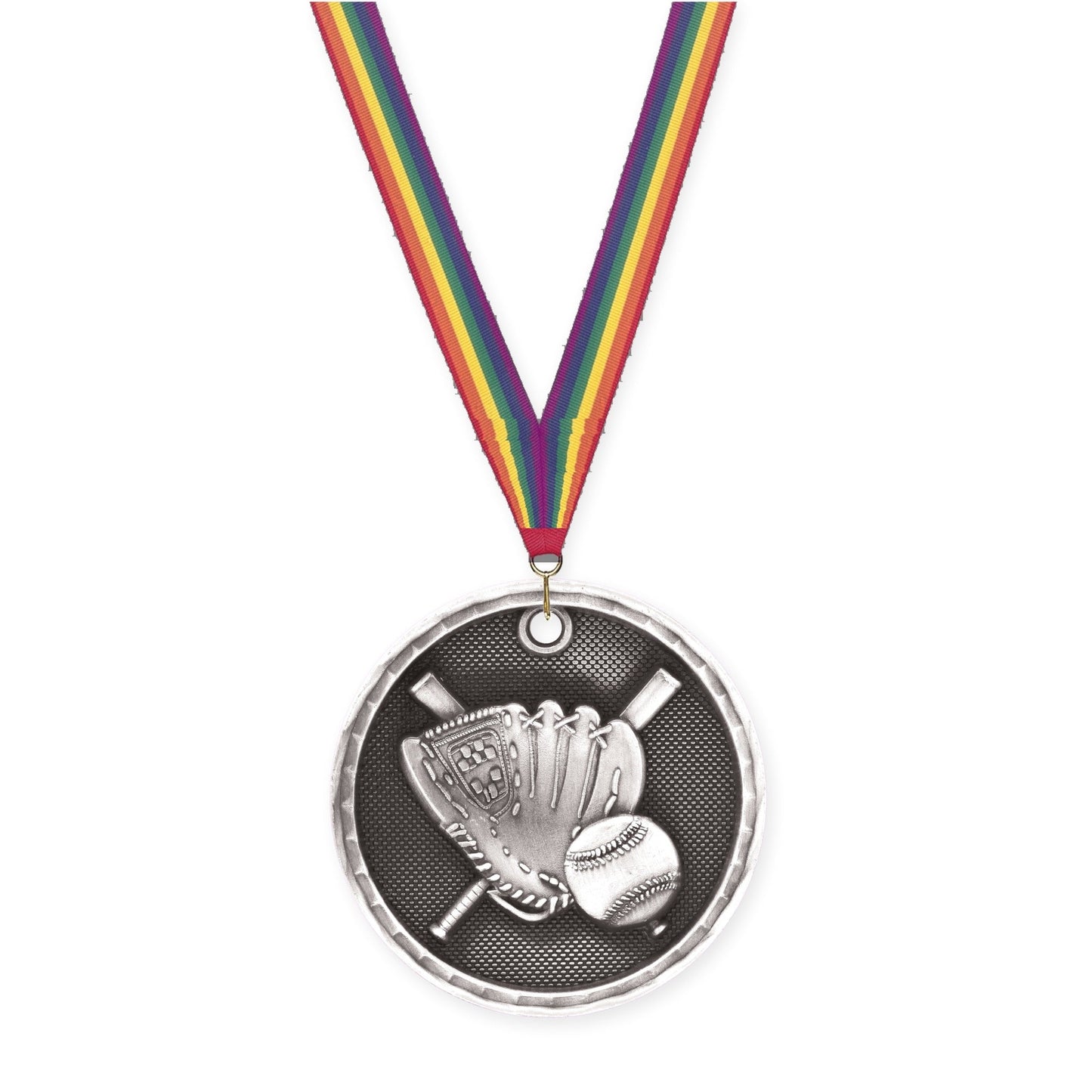 2 inch baseball 3-D medal in antique silver with Rainbow neck ribbon