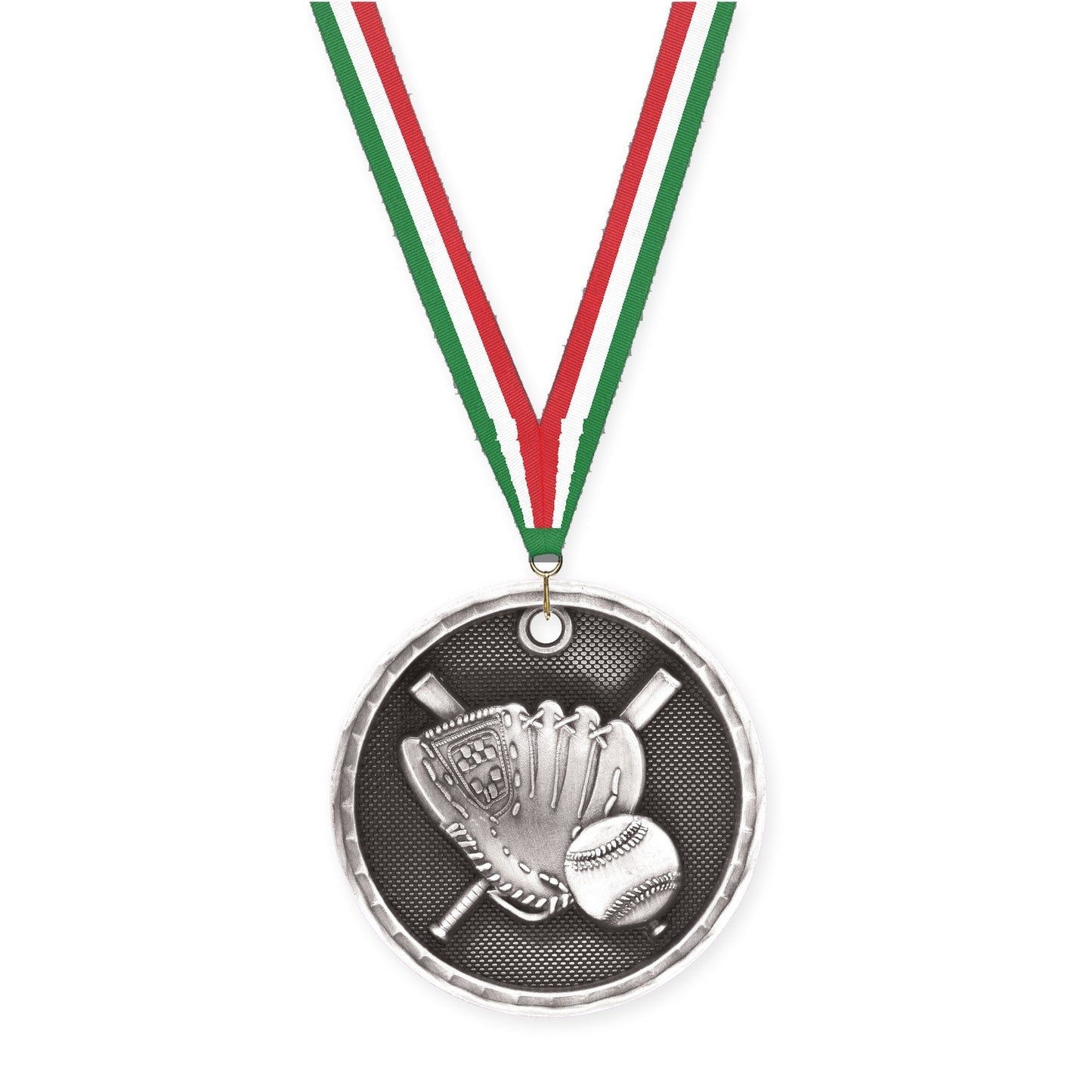 2 inch baseball 3-D medal in antique silver with Green White Red neck ribbon