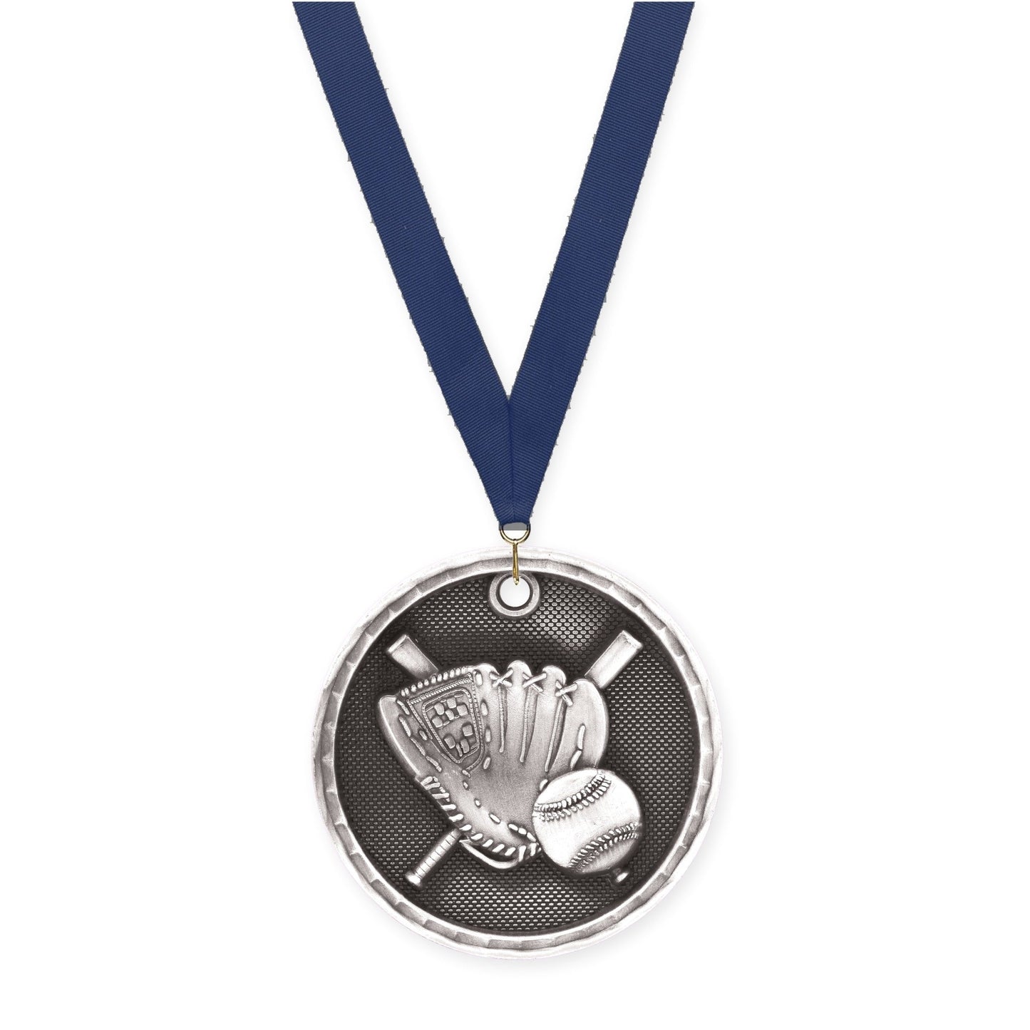 2 inch baseball 3-D medal in antique silver with Navy neck ribbon