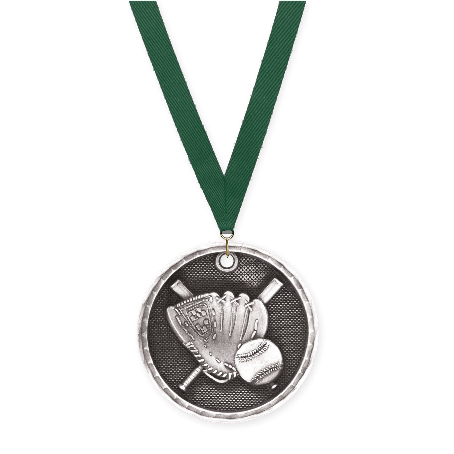 2 inch baseball 3-D medal in antique silver with Hunter Green neck ribbon
