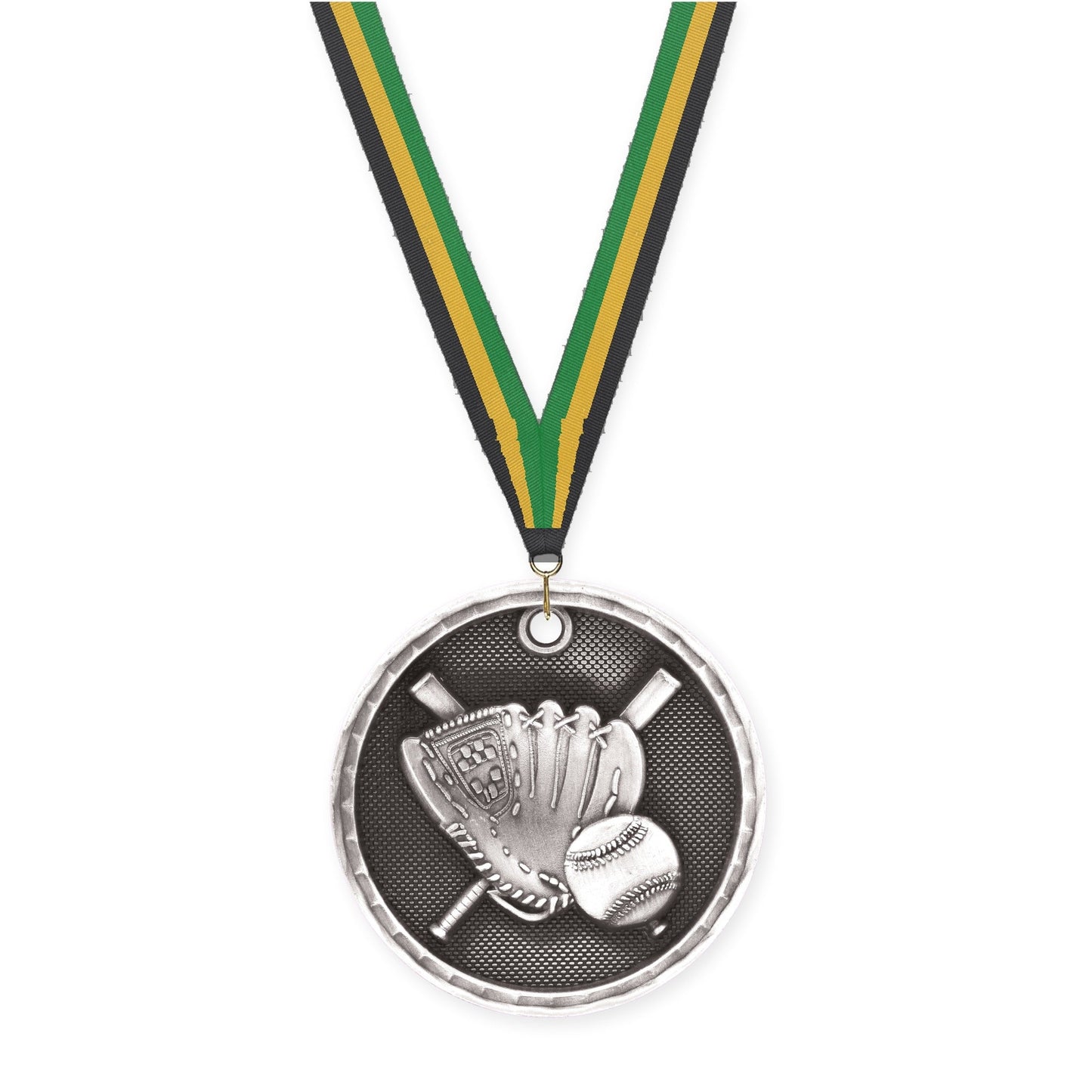 2 inch baseball 3-D medal in antique silver with Black Gold Green neck ribbon