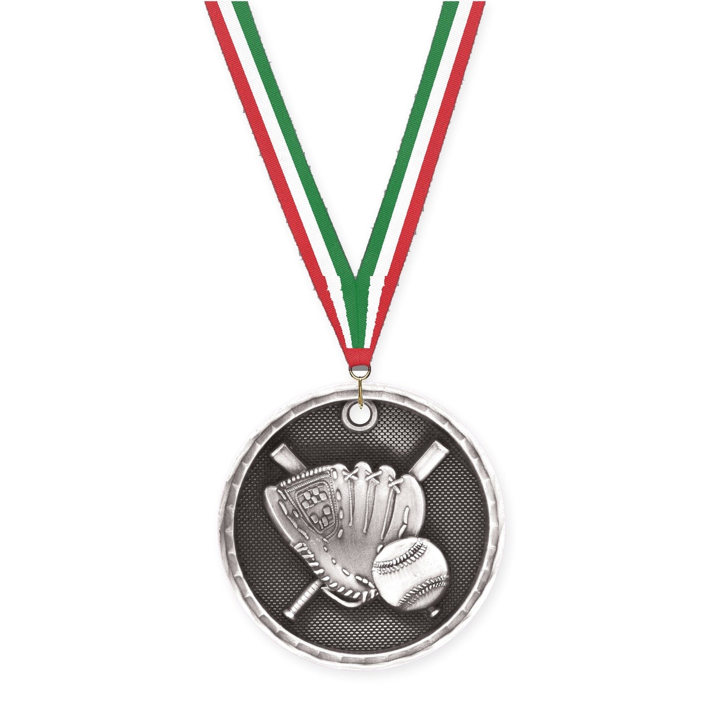 2 inch baseball 3-D medal in antique silver with Red White Green neck ribbon