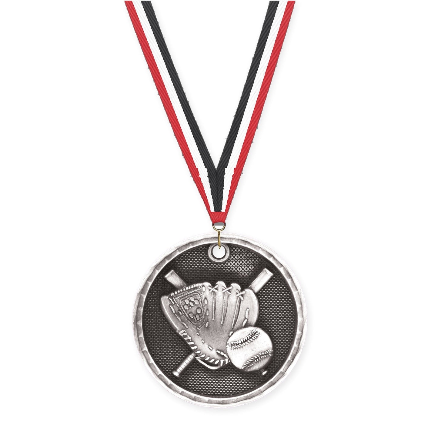 2 inch baseball 3-D medal in antique silver with Red White Black neck ribbon