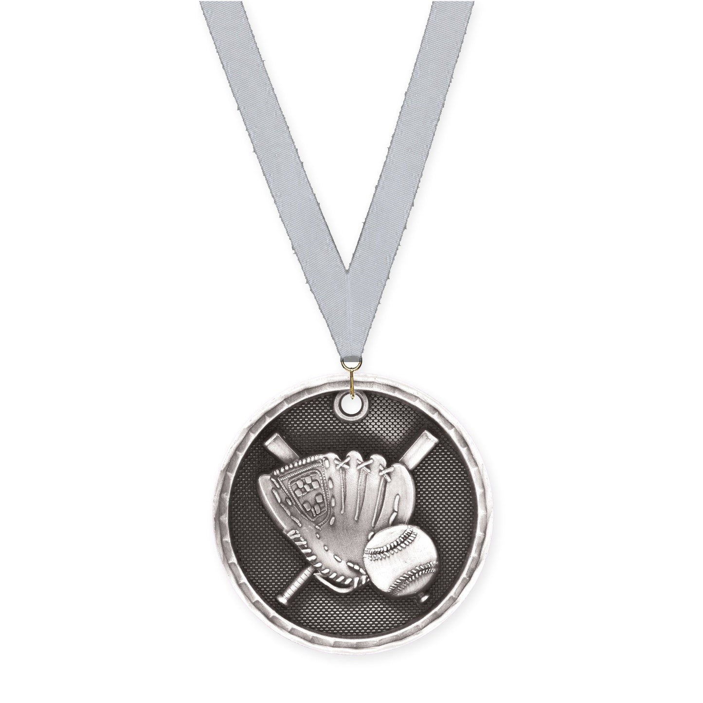 2 inch baseball 3-D medal in antique silver with Silver Metallic neck ribbon