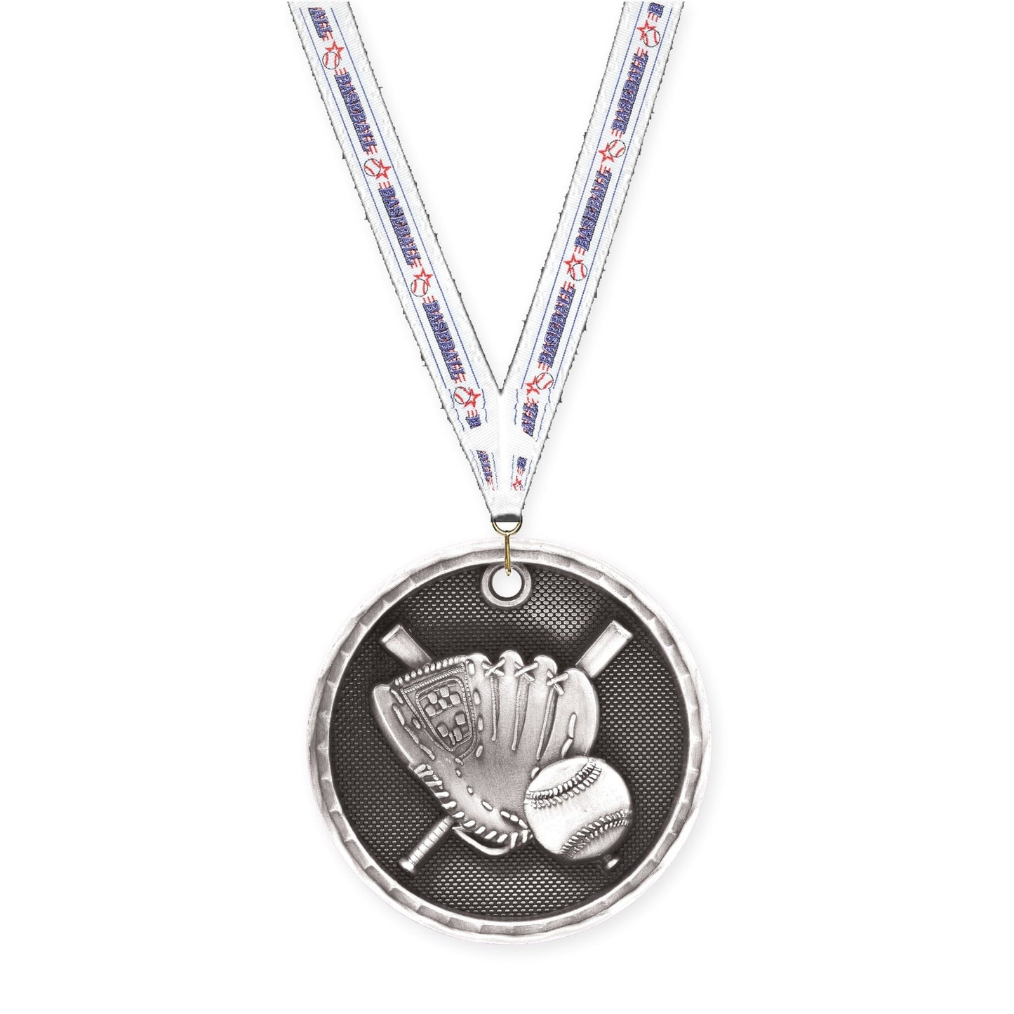 2 inch baseball 3-D medal in antique silver with Baseball neck ribbon