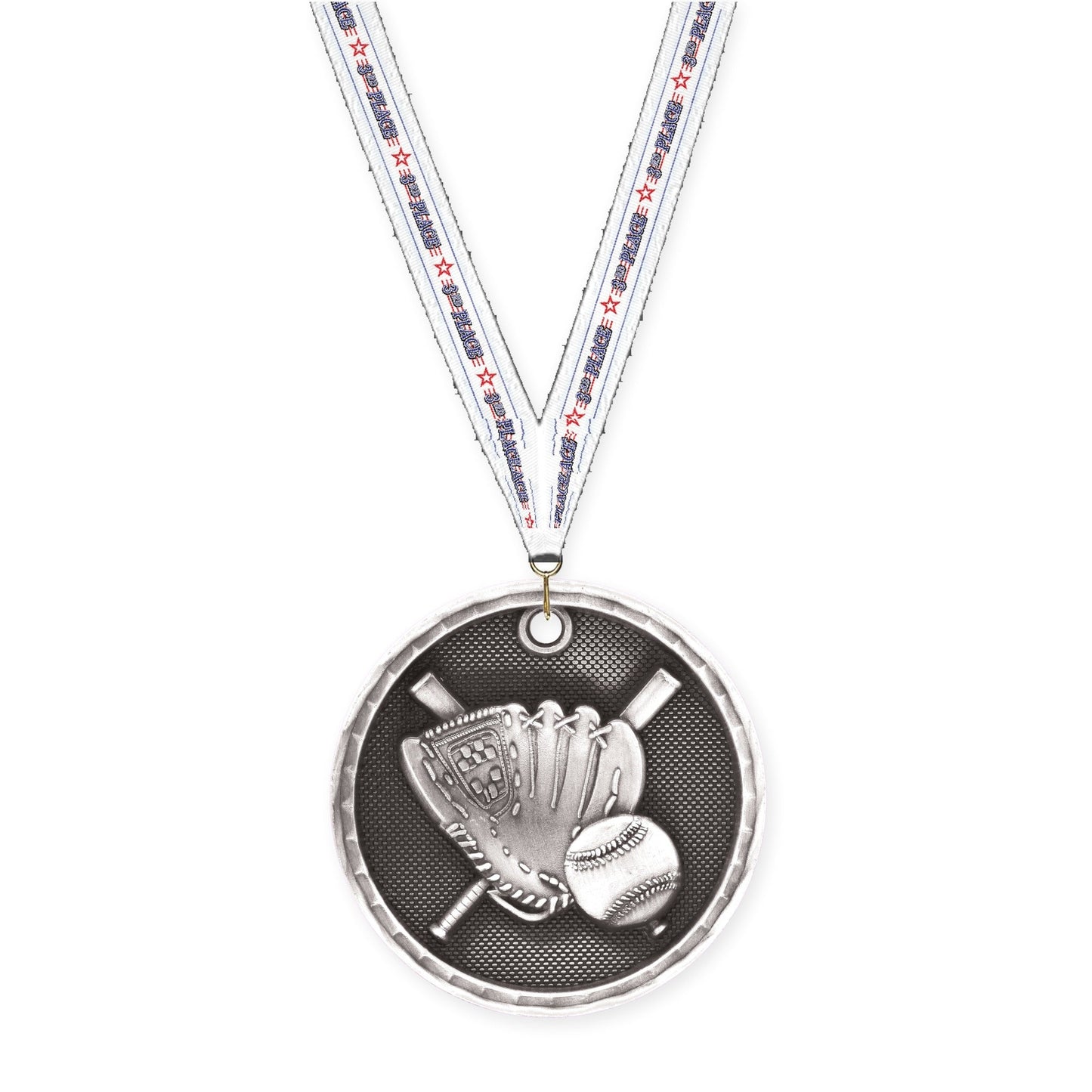 2 inch baseball 3-D medal in antique silver with 3rd Place neck ribbon
