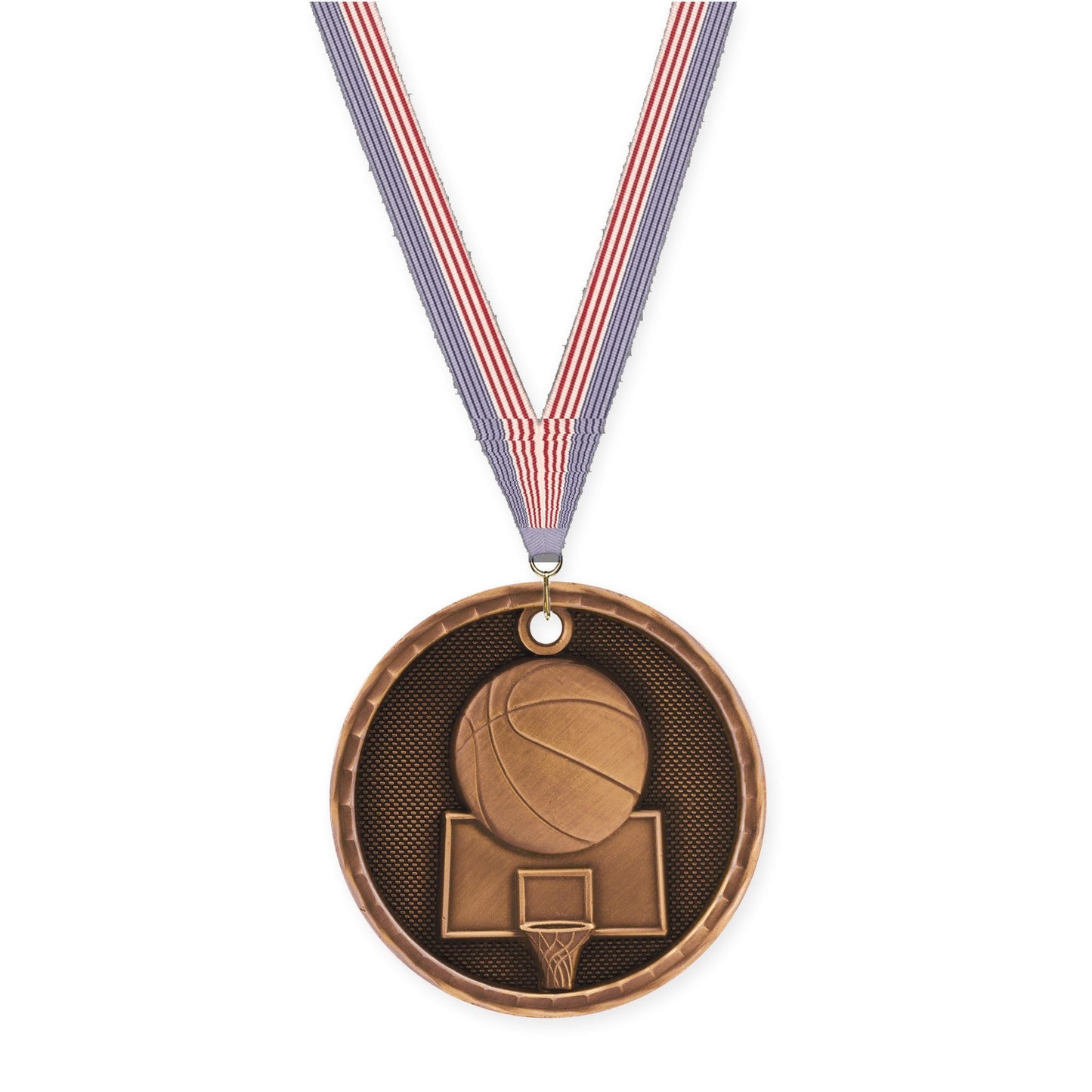 2 inch basketball 3-D medal in antique bronze with USA Flag neck ribbon