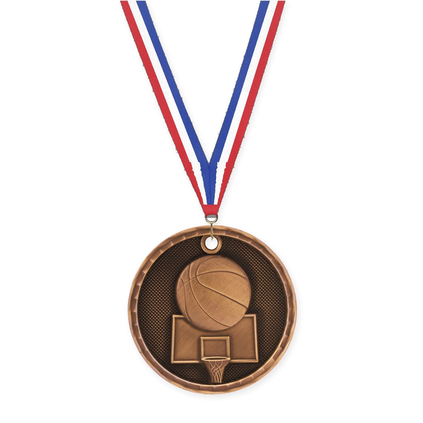 2 inch basketball 3-D medal in antique bronze with Red White Blue neck ribbon