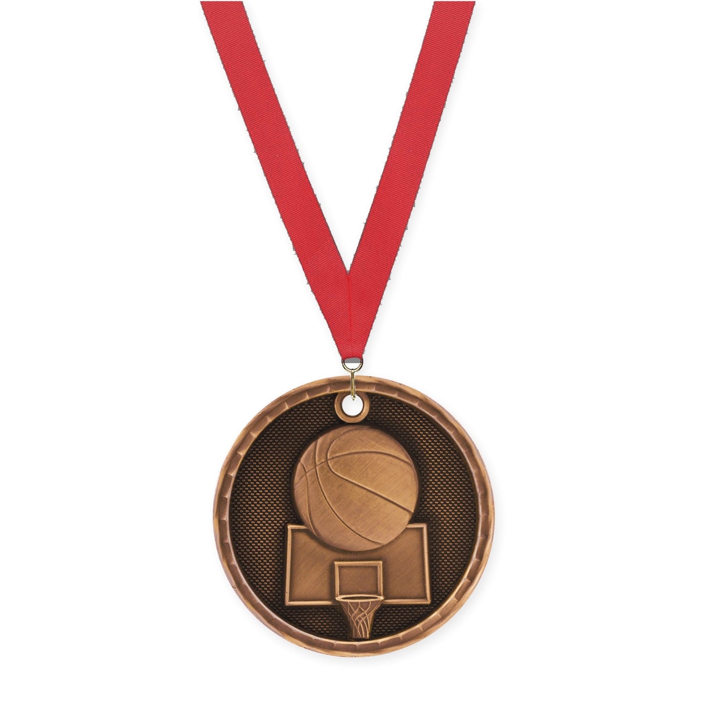 2 inch basketball 3-D medal in antique bronze with Red neck ribbon