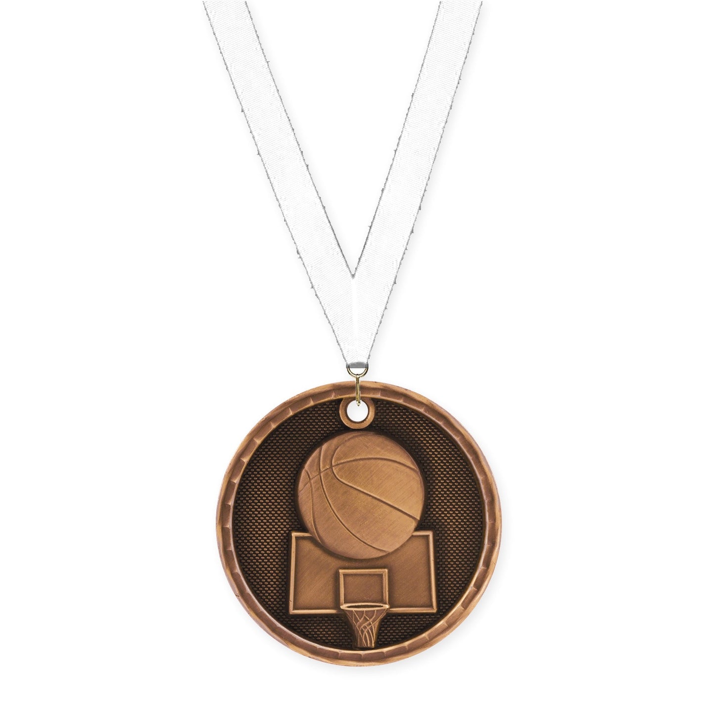 2 inch basketball 3-D medal in antique bronze with White neck ribbon