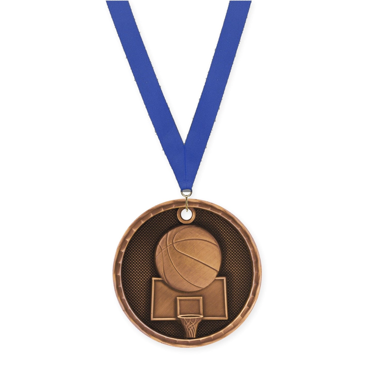 2 inch basketball 3-D medal in antique bronze with Blue neck ribbon