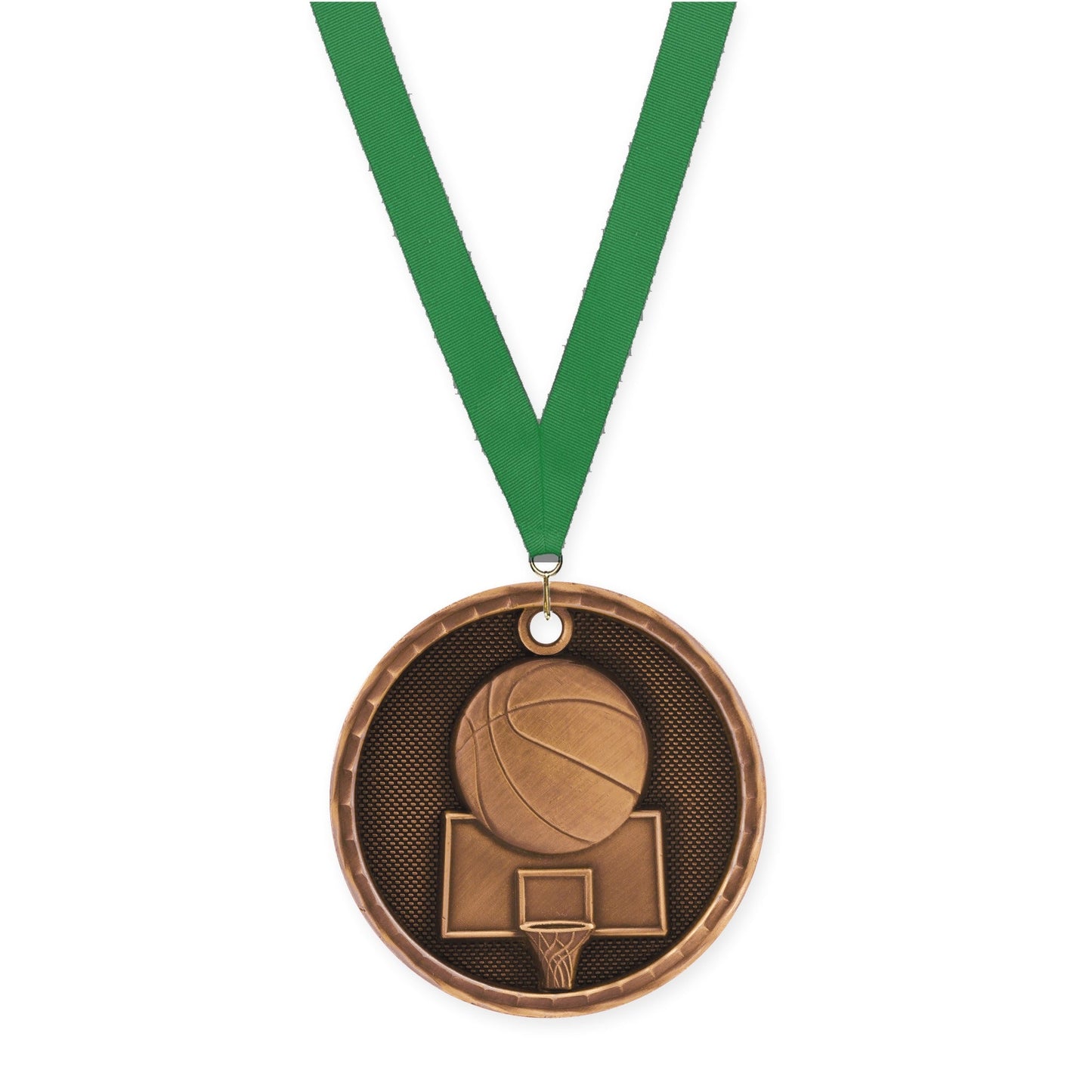 2 inch basketball 3-D medal in antique bronze with Green neck ribbon