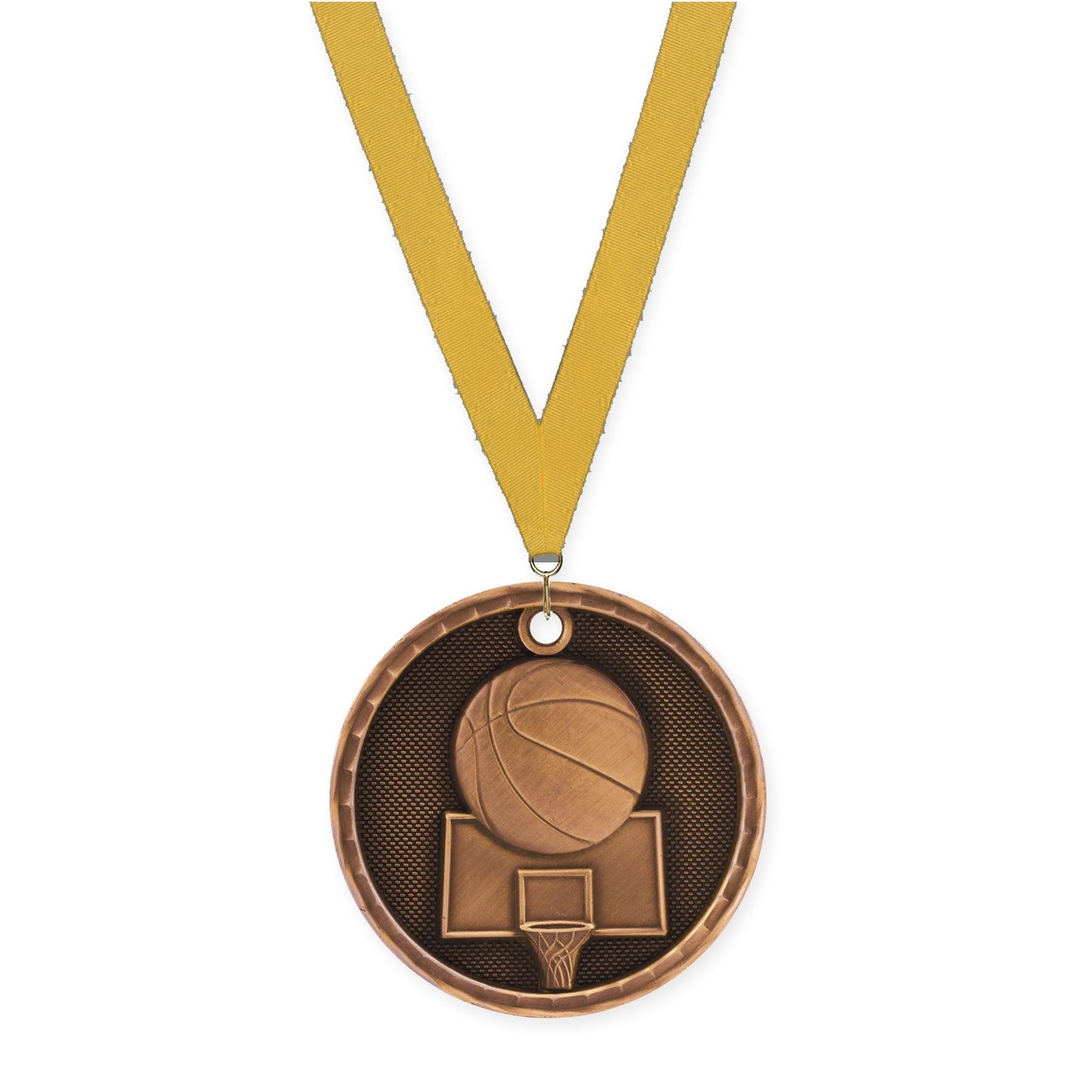 2 inch basketball 3-D medal in antique bronze with Gold neck ribbon