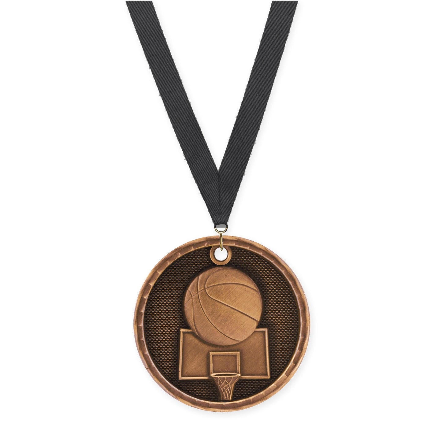 2 inch basketball 3-D medal in antique bronze with Black neck ribbon