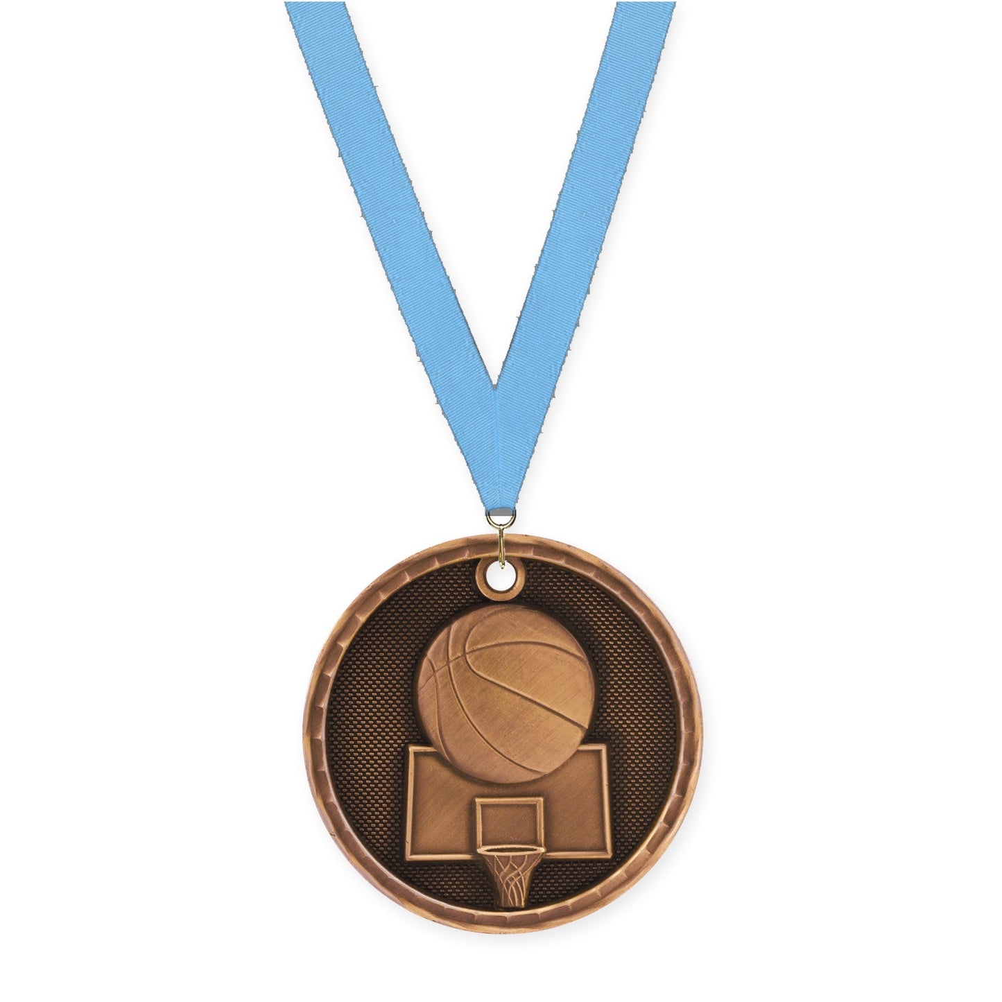 2 inch basketball 3-D medal in antique bronze with Light Blue neck ribbon