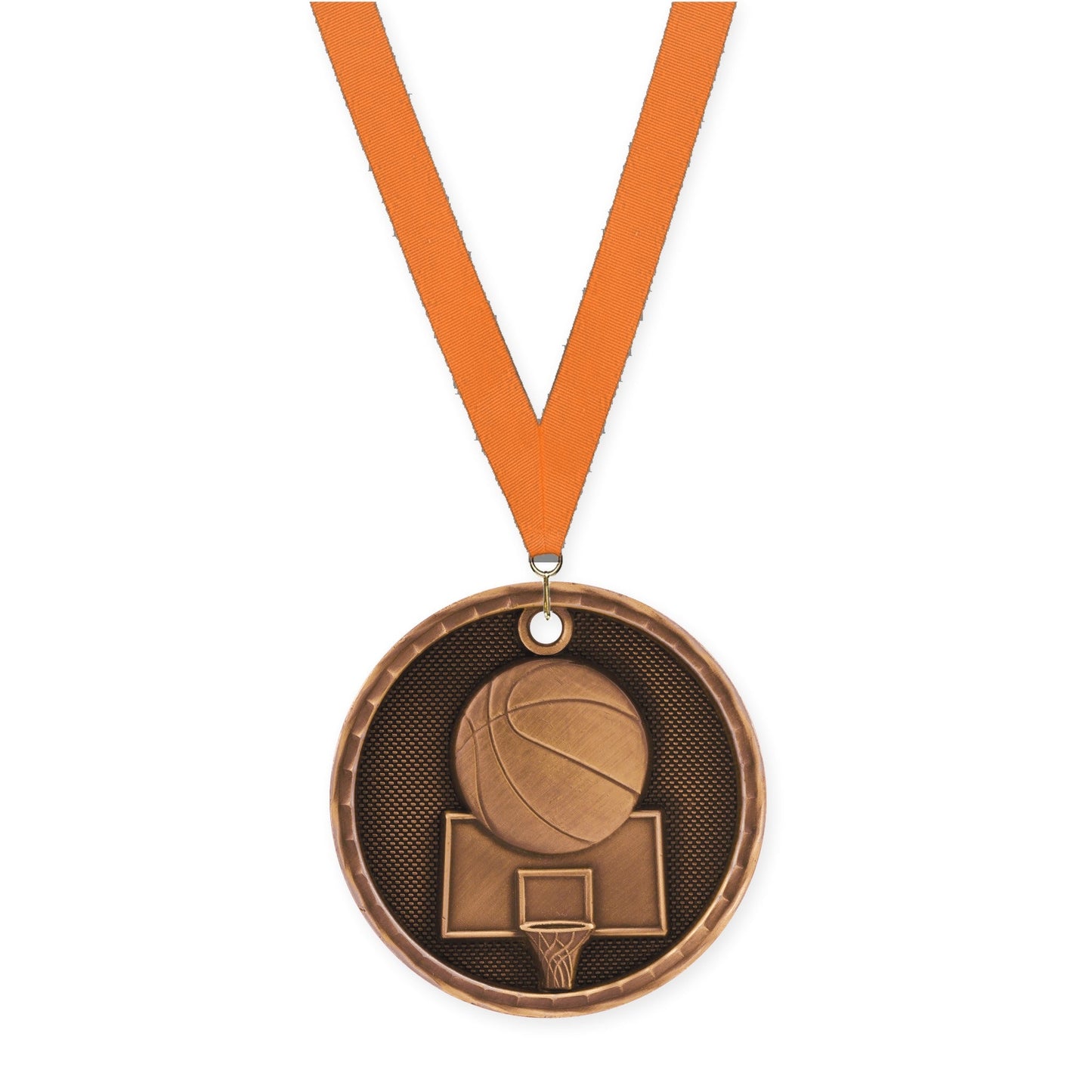 2 inch basketball 3-D medal in antique bronze with Orange neck ribbon